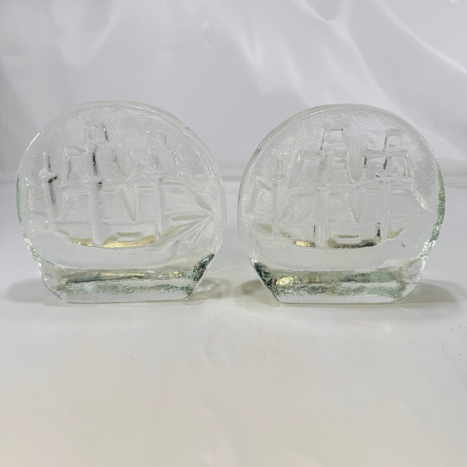 Blenko Glass Sailing Ship Bookends Clear Glass 1970s Blenko Glass Company Mid-Century Design