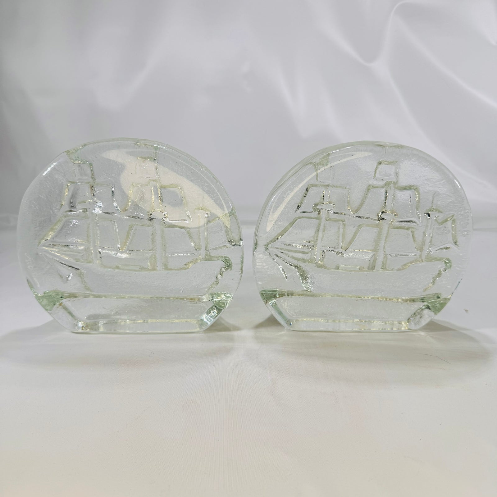 Blenko Glass Sailing Ship Bookends Clear Glass 1970s Blenko Glass Company Mid-Century Design