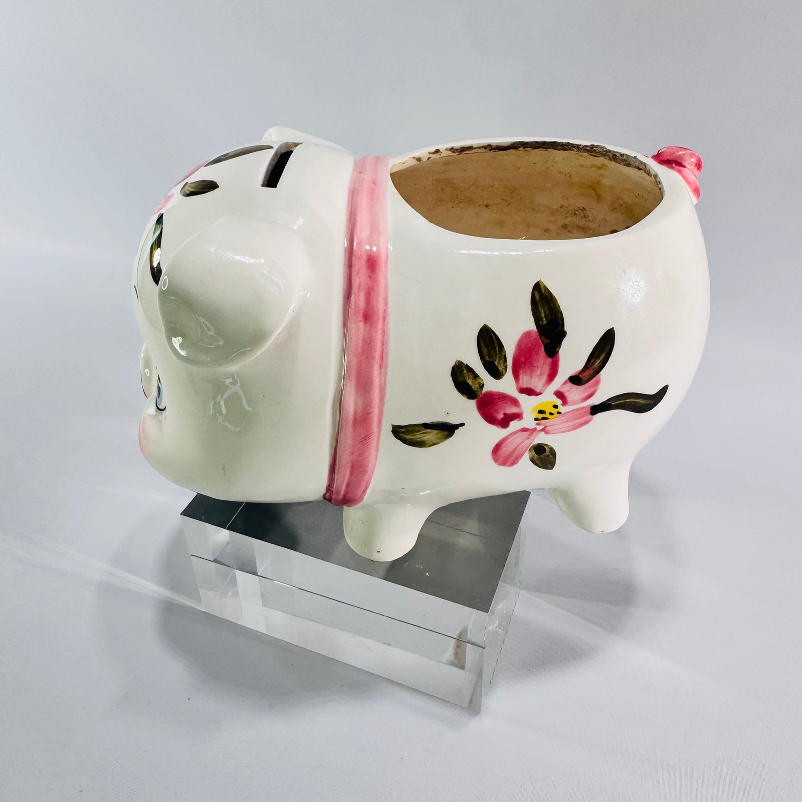 Vintage Relpo Piggy Bank Planter 1965 Samson Import Pink Floral Ceramic Pig