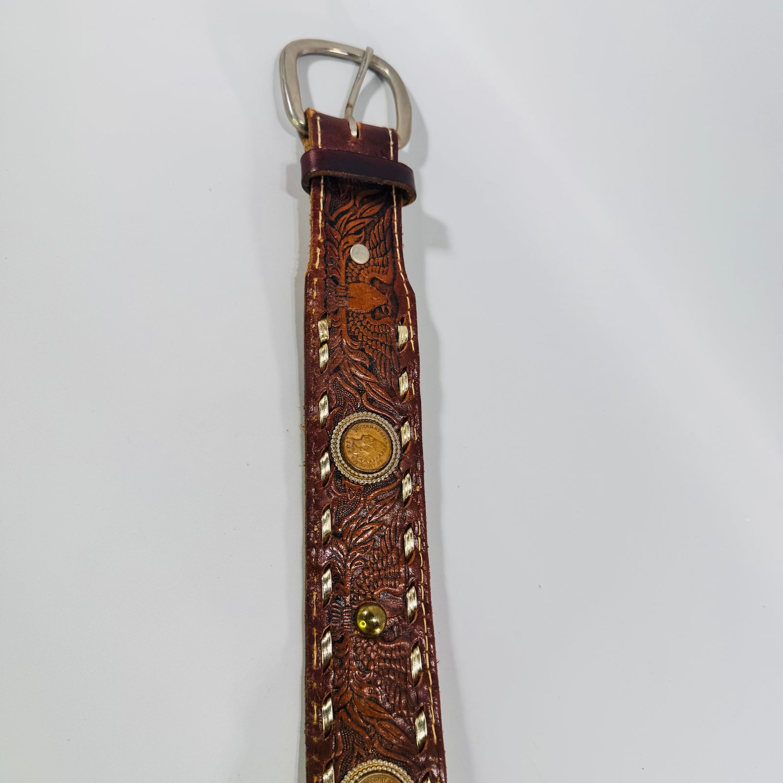 Vintage Indian Head Penny Western Leather Belt Tooled Brown Buckstitch Coin Conchos