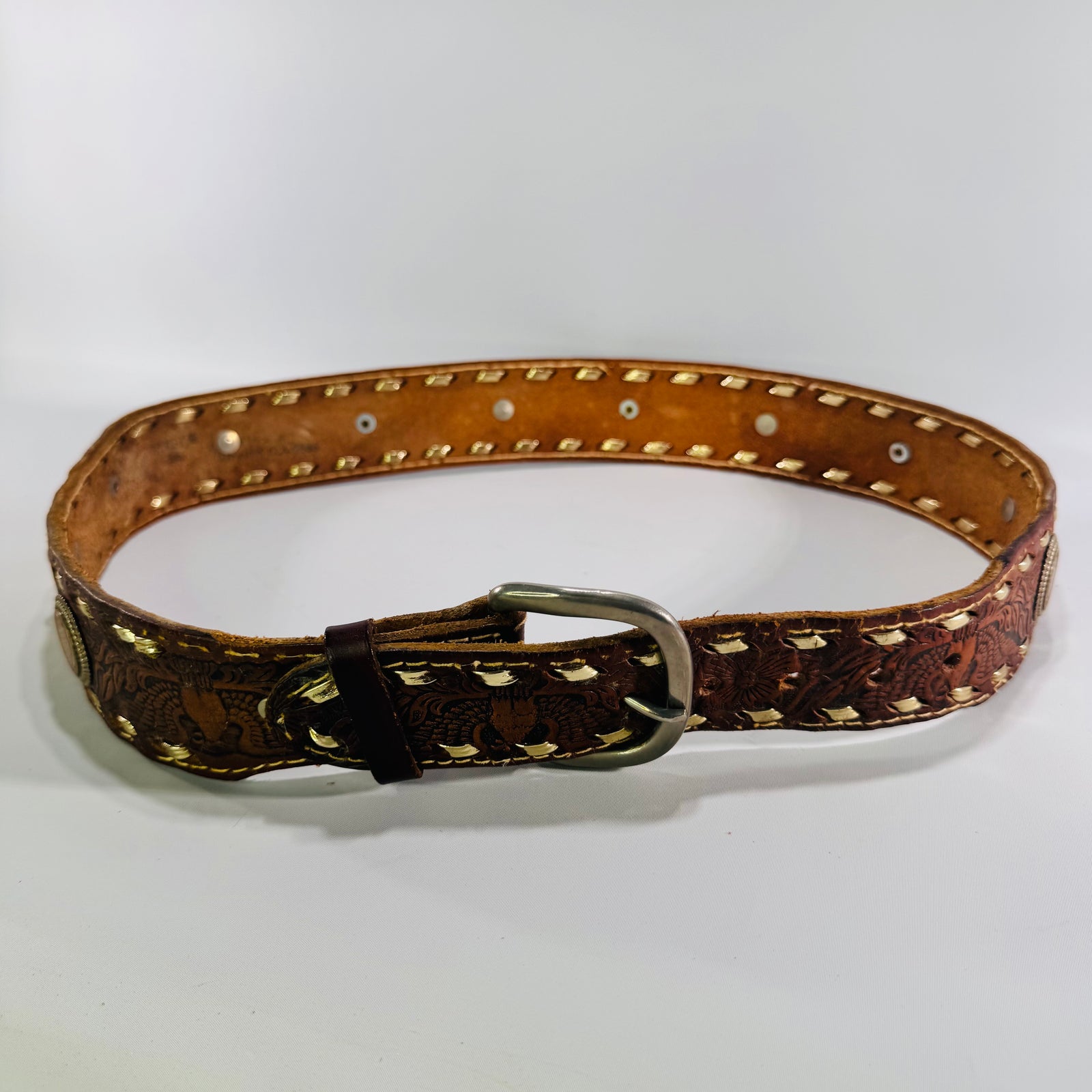 Vintage Indian Head Penny Western Leather Belt Tooled Brown Buckstitch Coin Conchos
