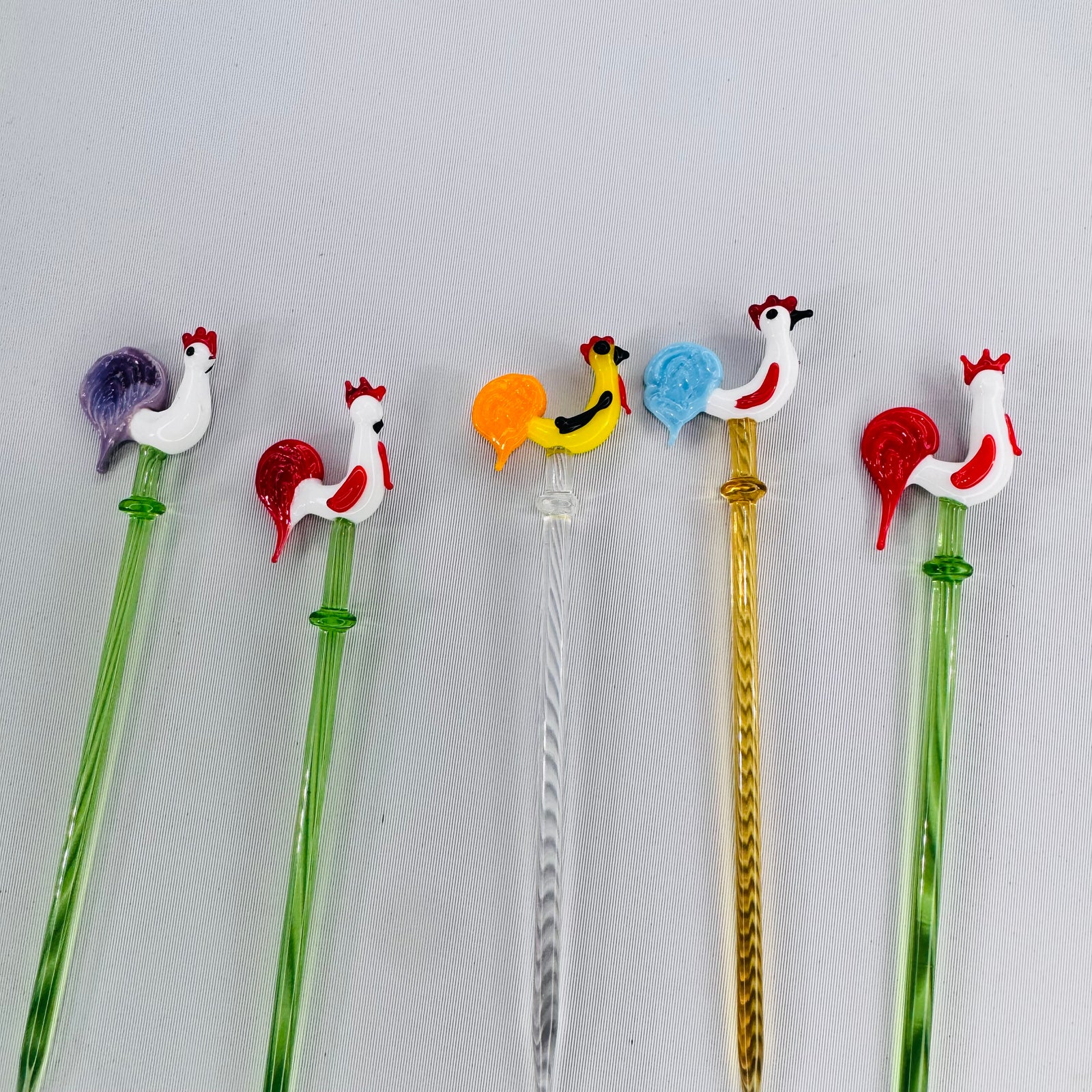 Vintage Glass Rooster Swizzle Sticks Bundle Murano Style Cocktail Stirrers Set of 5