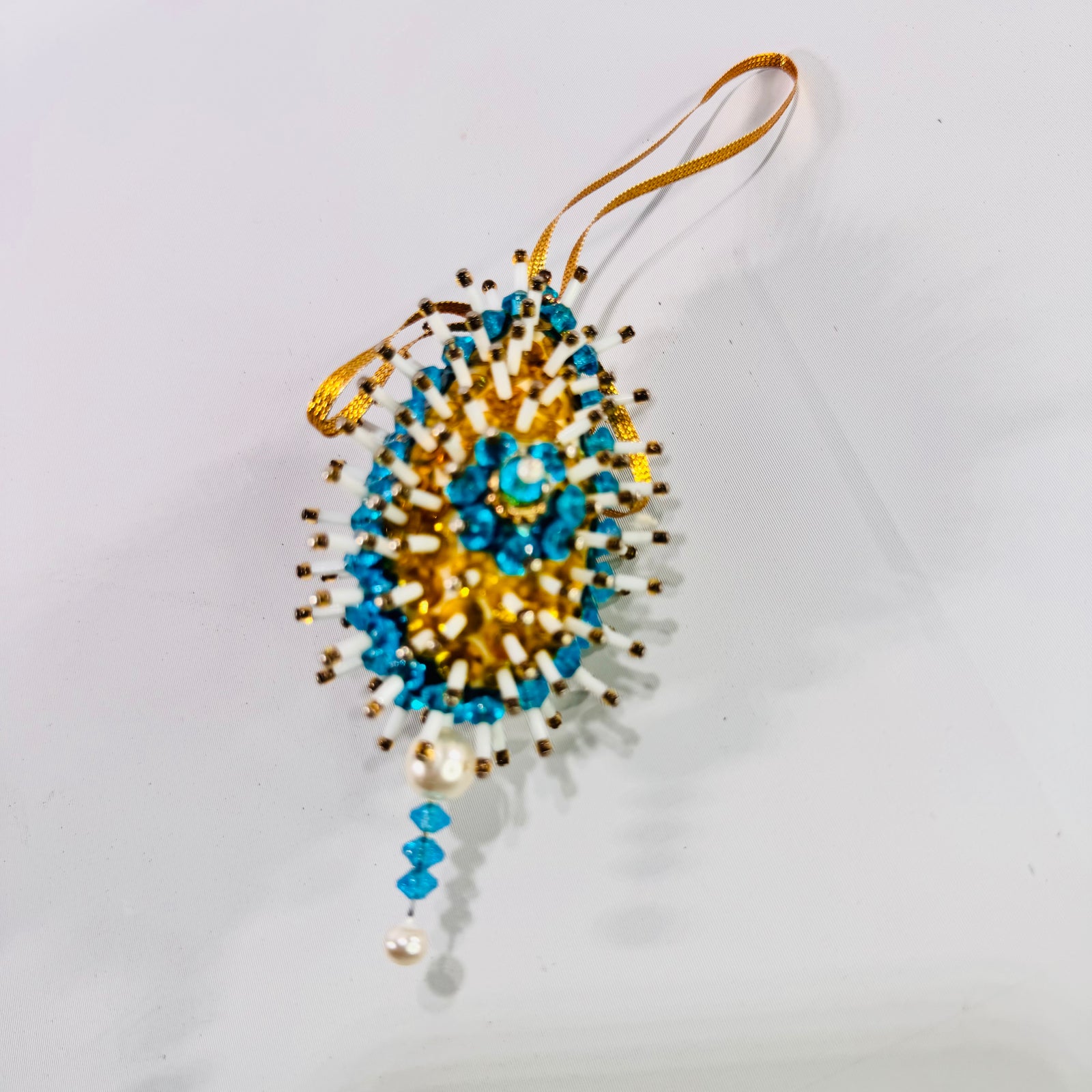 Vintage Beaded Sequin Christmas Ornament 1960s Push Pin Sputnik Starburst Blue Gold Egg Ornament