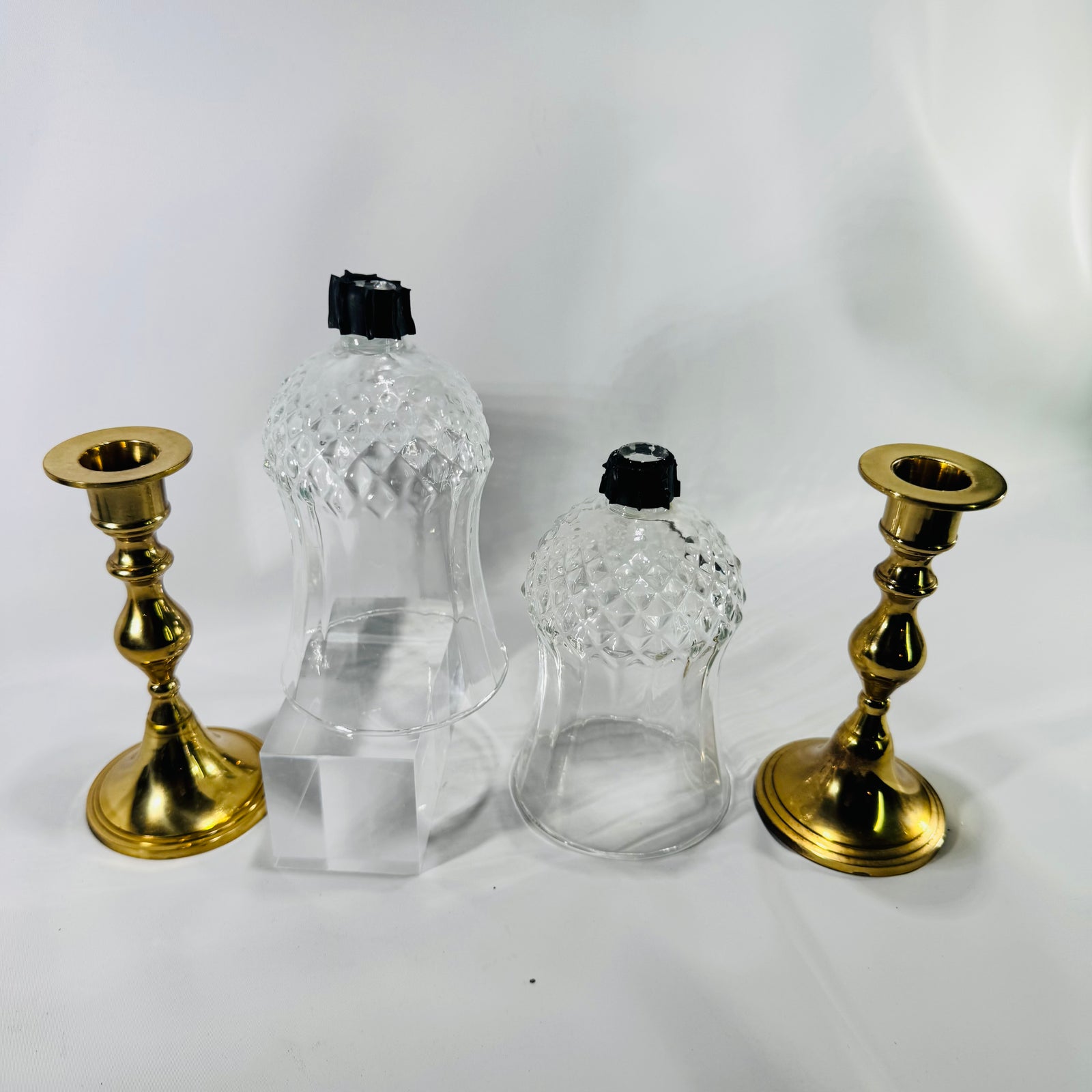 Vintage PartyLite Brass Hurricane Candle Holders Pair with Diamond Cut Glass Shades India