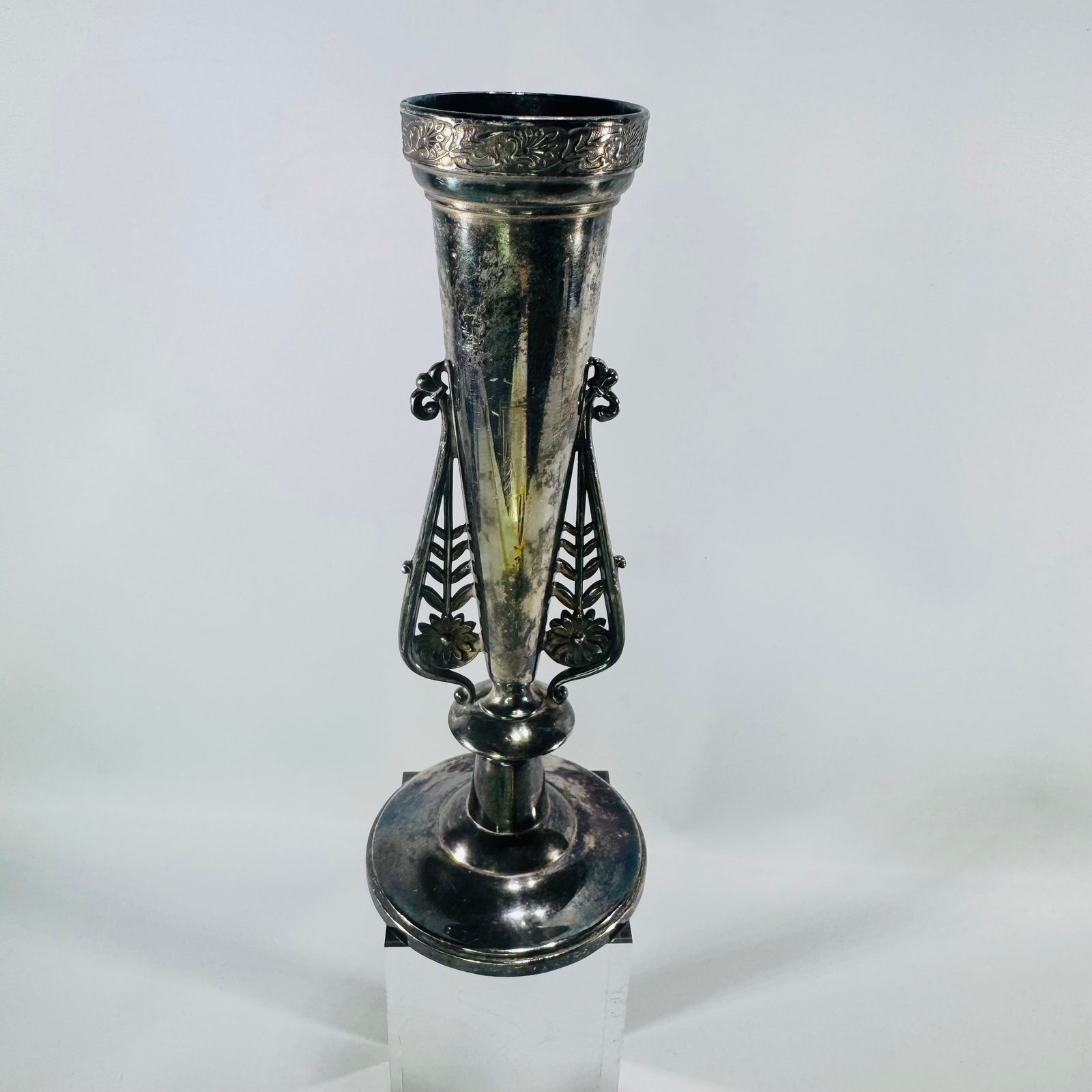 Vintage EH Barton Silver-Plated Trumpet Bud Vase Sheffield Style Art Nouveau Pierced Handles