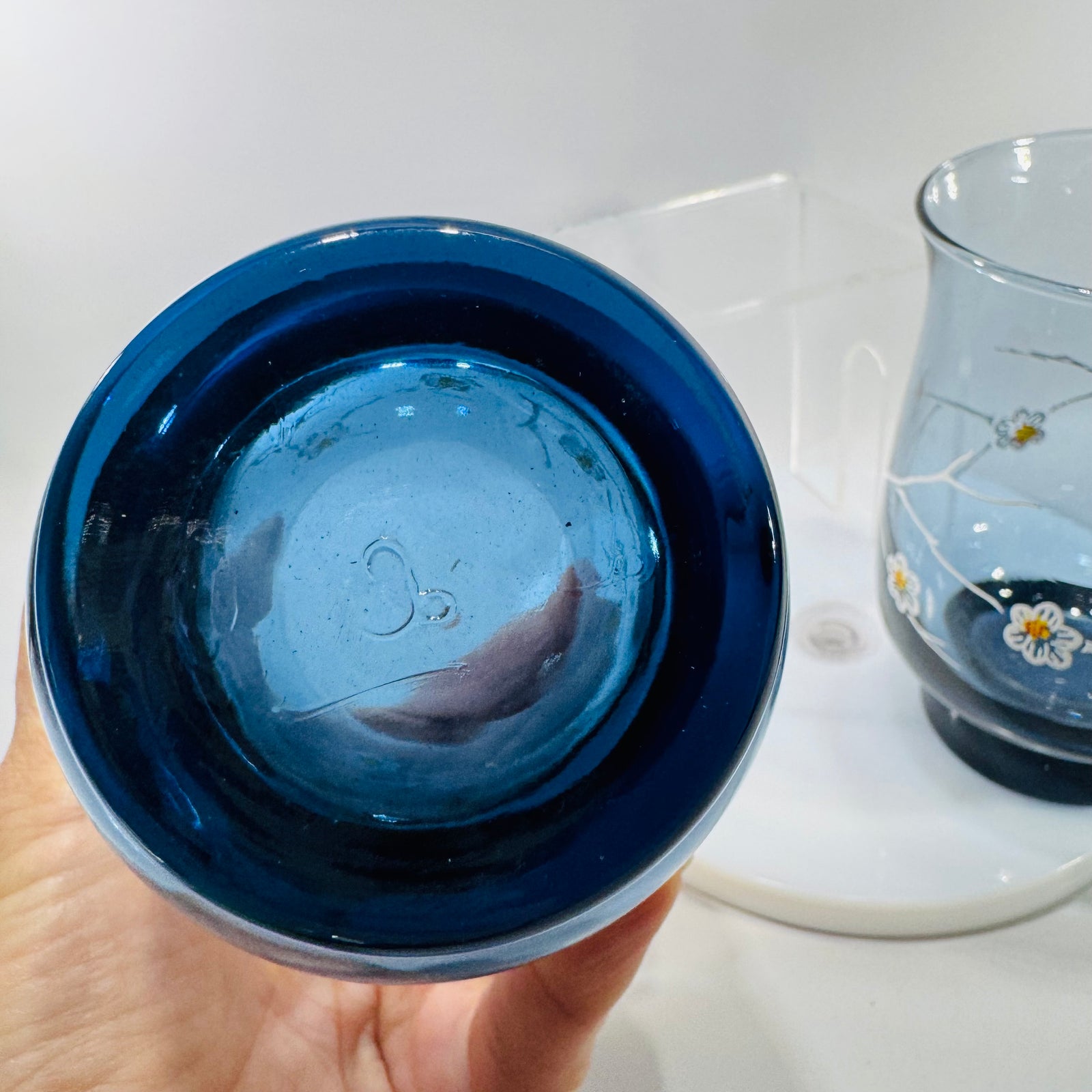 Vintage Libbey Dogwood Glasses — Smoky Blue Floral Tumblers (Set of 2, 1970s)