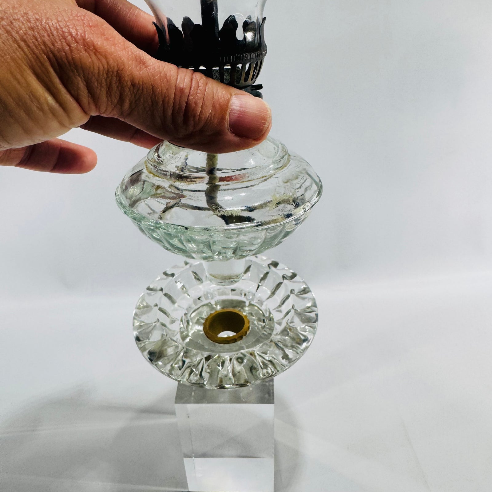 Vintage Clear Glass Finger Oil Lamp with Pie Crust Chimney, Pressed Glass Base, Eagle Style Burner, Mini Hurricane Kerosene Lamp