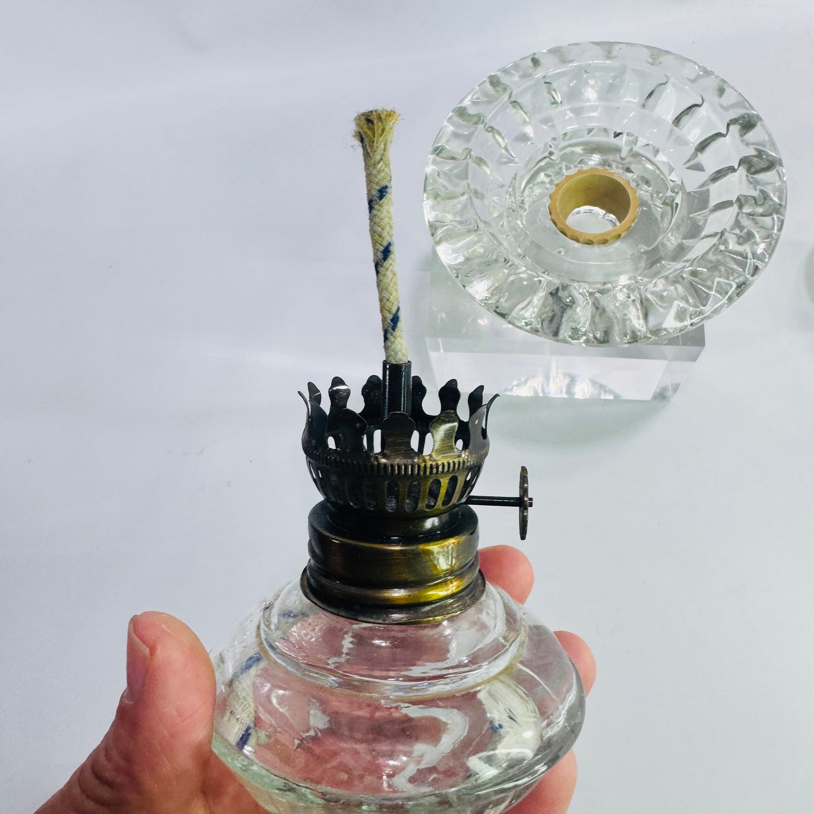 Vintage Clear Glass Finger Oil Lamp with Pie Crust Chimney, Pressed Glass Base, Eagle Style Burner, Mini Hurricane Kerosene Lamp