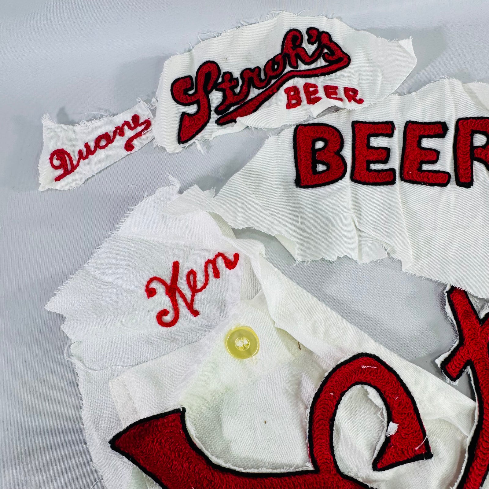 Vintage 1980s Stroh's Beer Delivery Driver Uniform Embroidery Salvage Lot Ken Duane Breweriana Patches