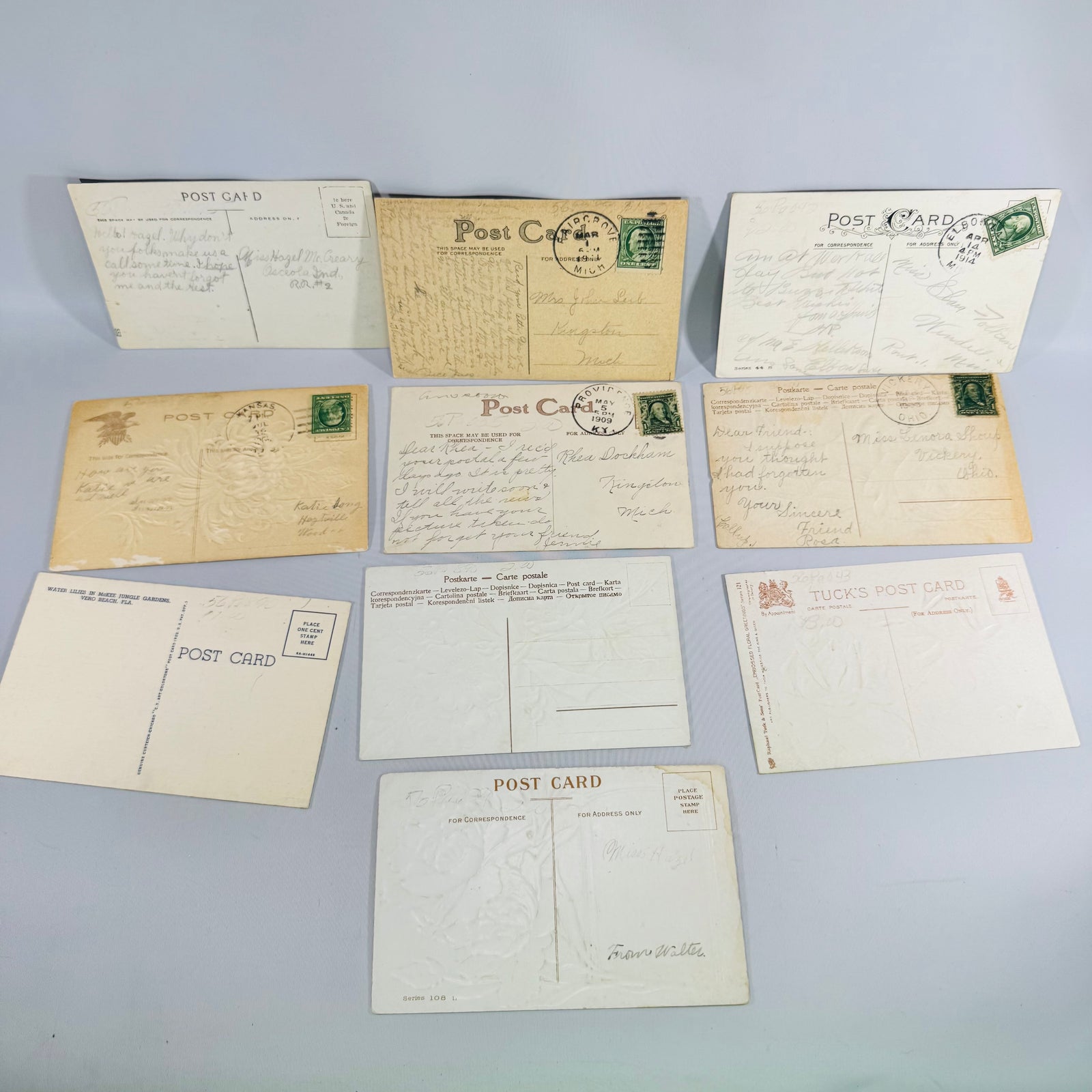 Vintage Floral Postcard Bundle of 10 Embossed Flower & Scenic Greeting Cards with Antique Postmarks