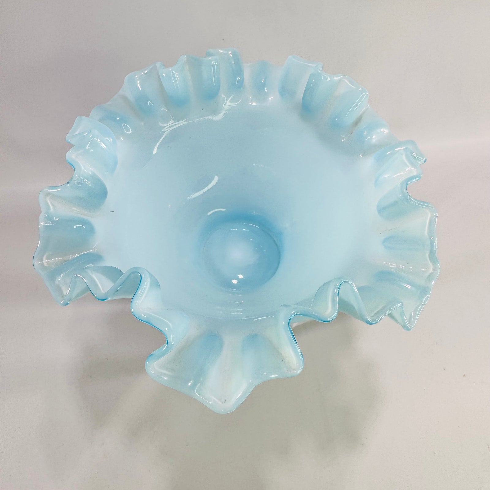 Vintage Fenton Turquoise Crest Blue Overlay Ruffled Bowl Hand Crimped Art Glass Candy Dish