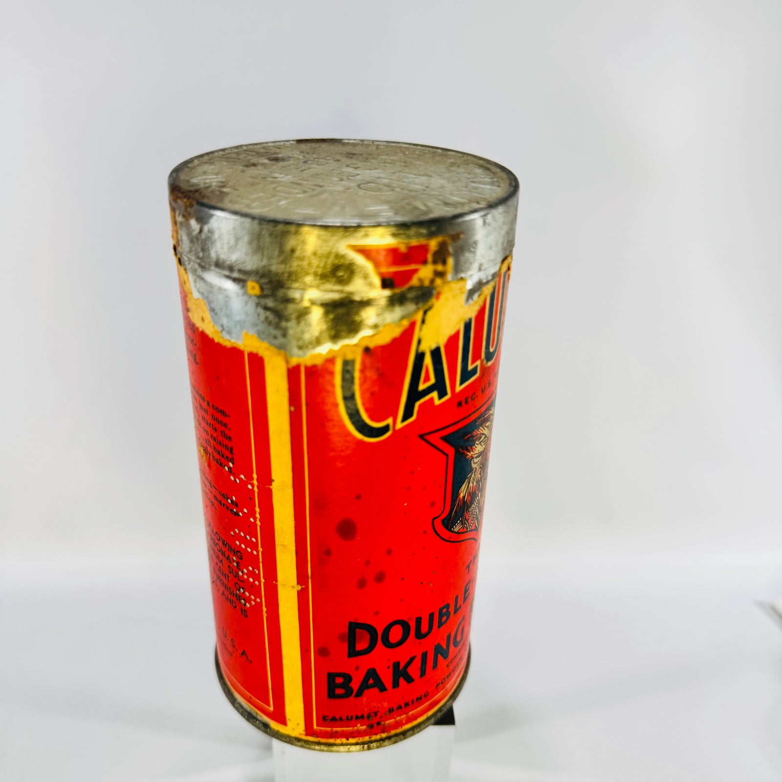 Calumet Baking Powder Tin 1930s 1 lb Red Paper Label Chicago Advertising Canister