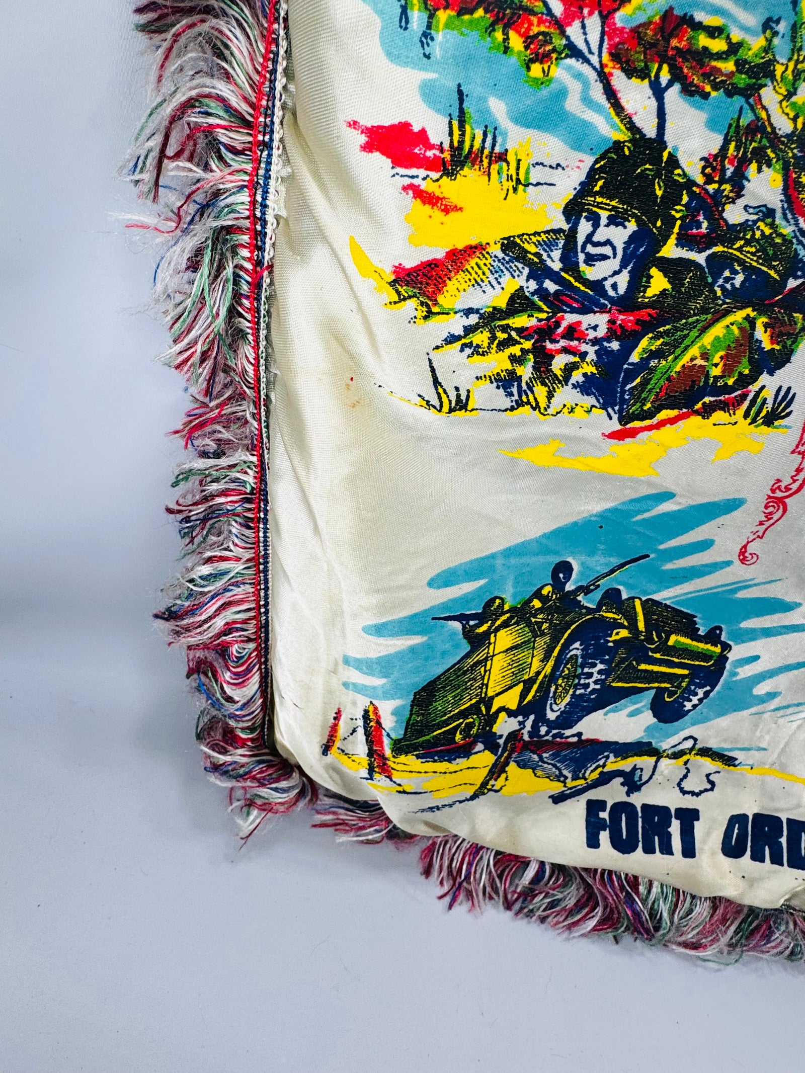 Vintage U.S. Army Fort Ord, Calif. Souvenir Sweetheart Pillow Cover (16x16) — Satin Fringe Sham — “Mother & Dad” Poem
