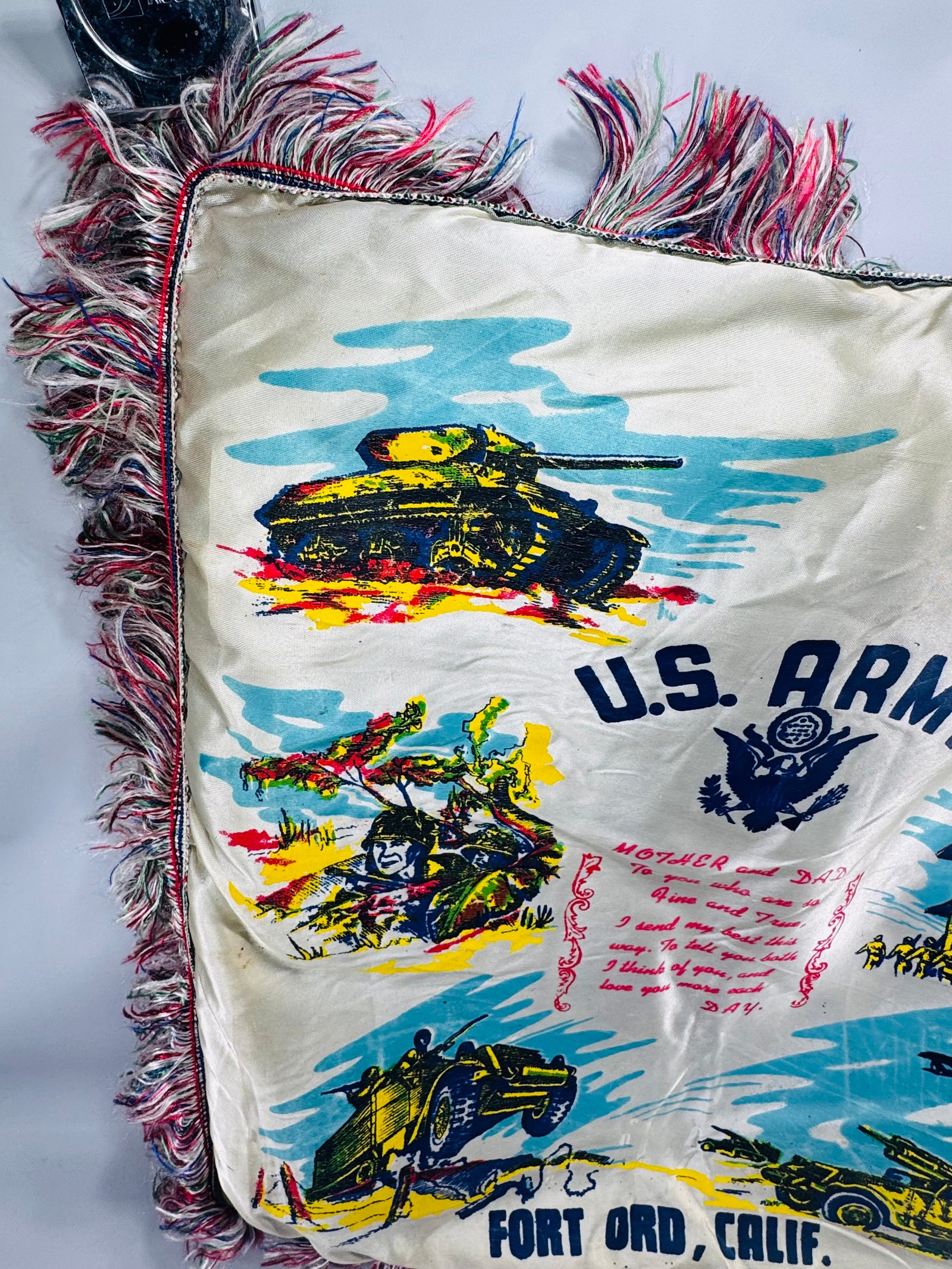Vintage U.S. Army Fort Ord, Calif. Souvenir Sweetheart Pillow Cover (16x16) — Satin Fringe Sham — “Mother & Dad” Poem