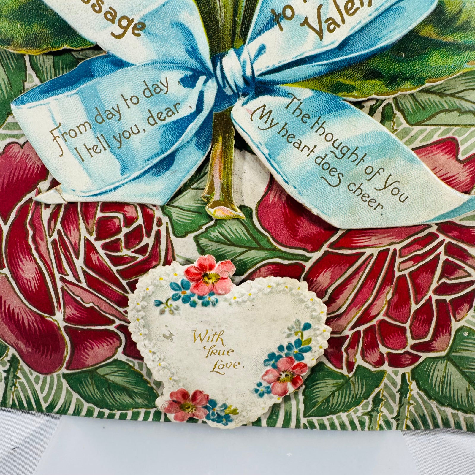 Antique Stand-Up Victorian Valentine Card (c.1909–1912) — Embossed Cherub, Dove & Roses — 10" x 7"