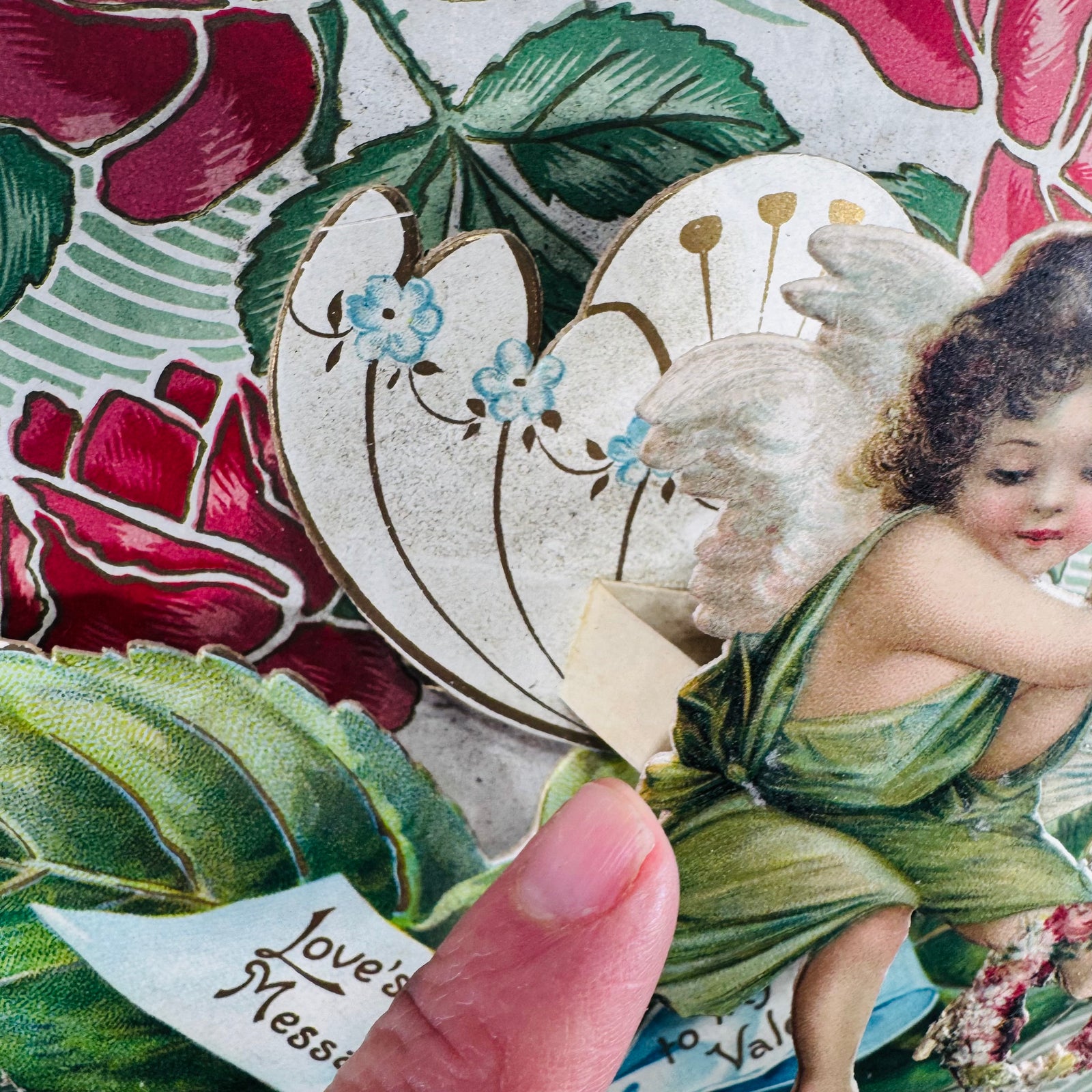 Antique Stand-Up Victorian Valentine Card (c.1909–1912) — Embossed Cherub, Dove & Roses — 10" x 7"