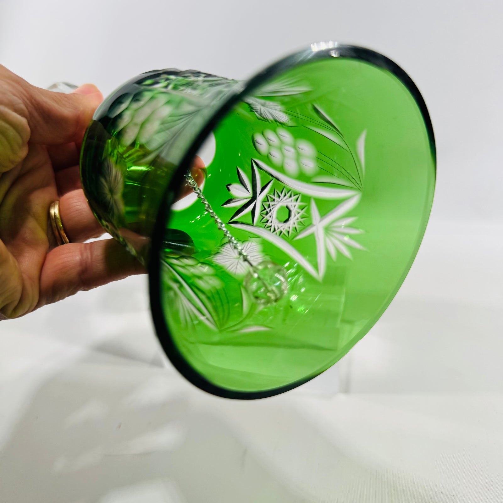 Emerald Green Cut to Clear Crystal Bell 8 Inch Grape Pattern Bohemian Style Vintage Art Glass