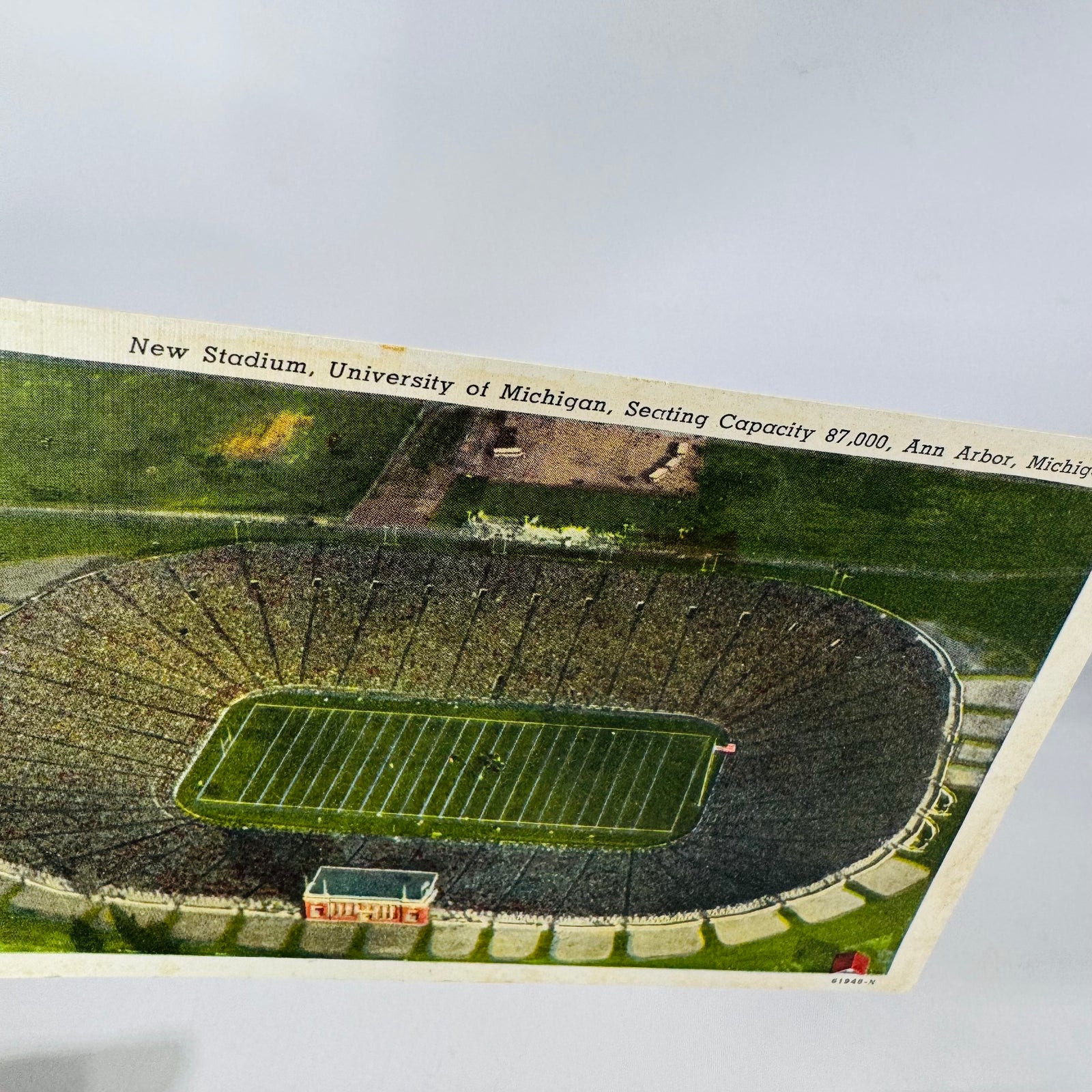 Vintage Linen Postcard — Aerial View “New Stadium” University of Michigan Michigan Stadium (Ann Arbor, MI) — Seating Capacity 87,000 — Stofflet News Co. Sports / Travel / College Football