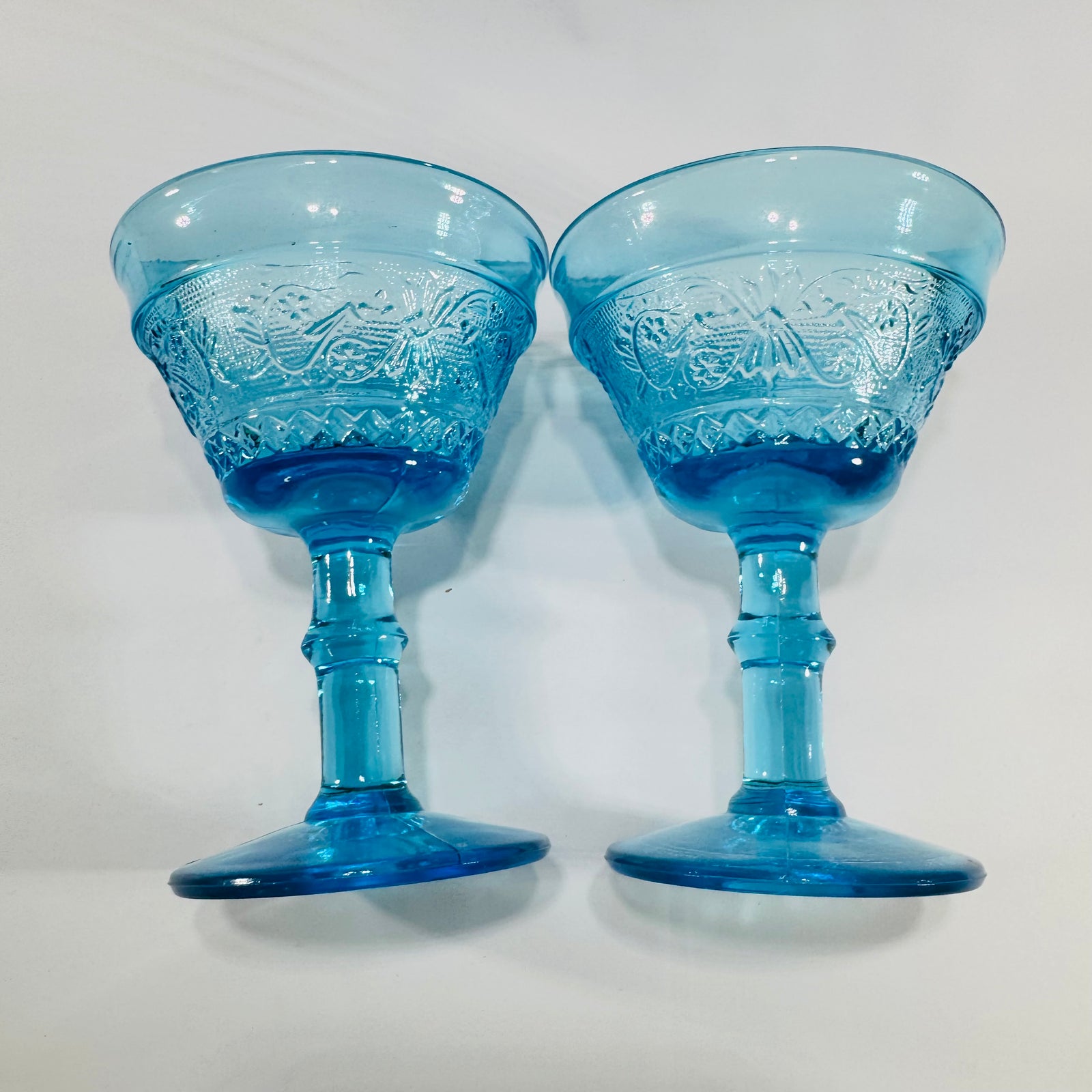 Tiara Sandwich Bicentennial Blue Water Goblets Pair 1976 Indiana Glass Pressed Glass