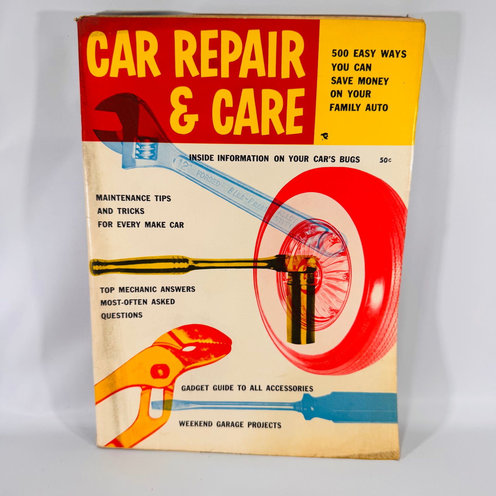 Car Repair and Care 1950s Car Life guide front cover, wrench and wheel art