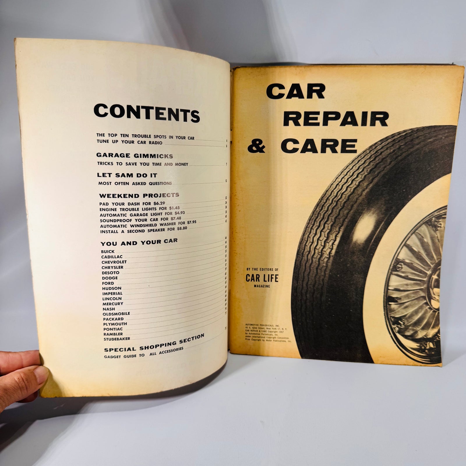 Car Repair and Care 1950s contents page and Car Life title page