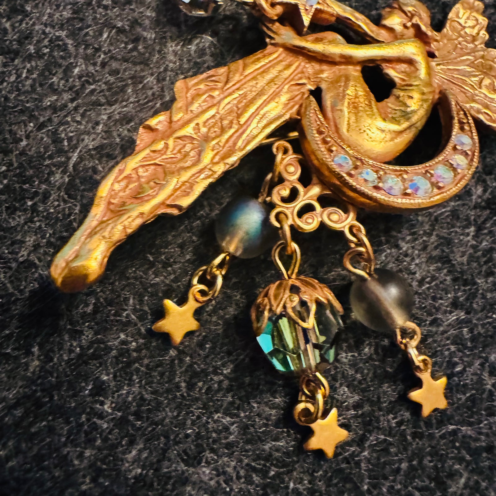 Rare Vintage Kirk’s Folly Moon Fairy Brooch Pin Gold Tone Pink Purple Enamel AB Rhinestones Faceted Beads Star Dangles Signed