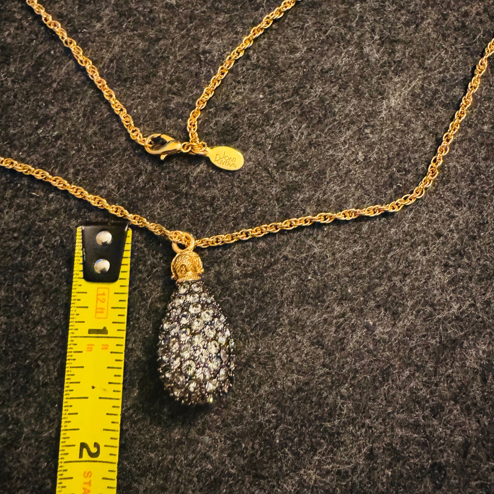 Vintage Joan Rivers Caviar Egg Necklace Black Swarovski Crystal Pavé Pendant 28” Gold Tone Rope Chain Signed Tag