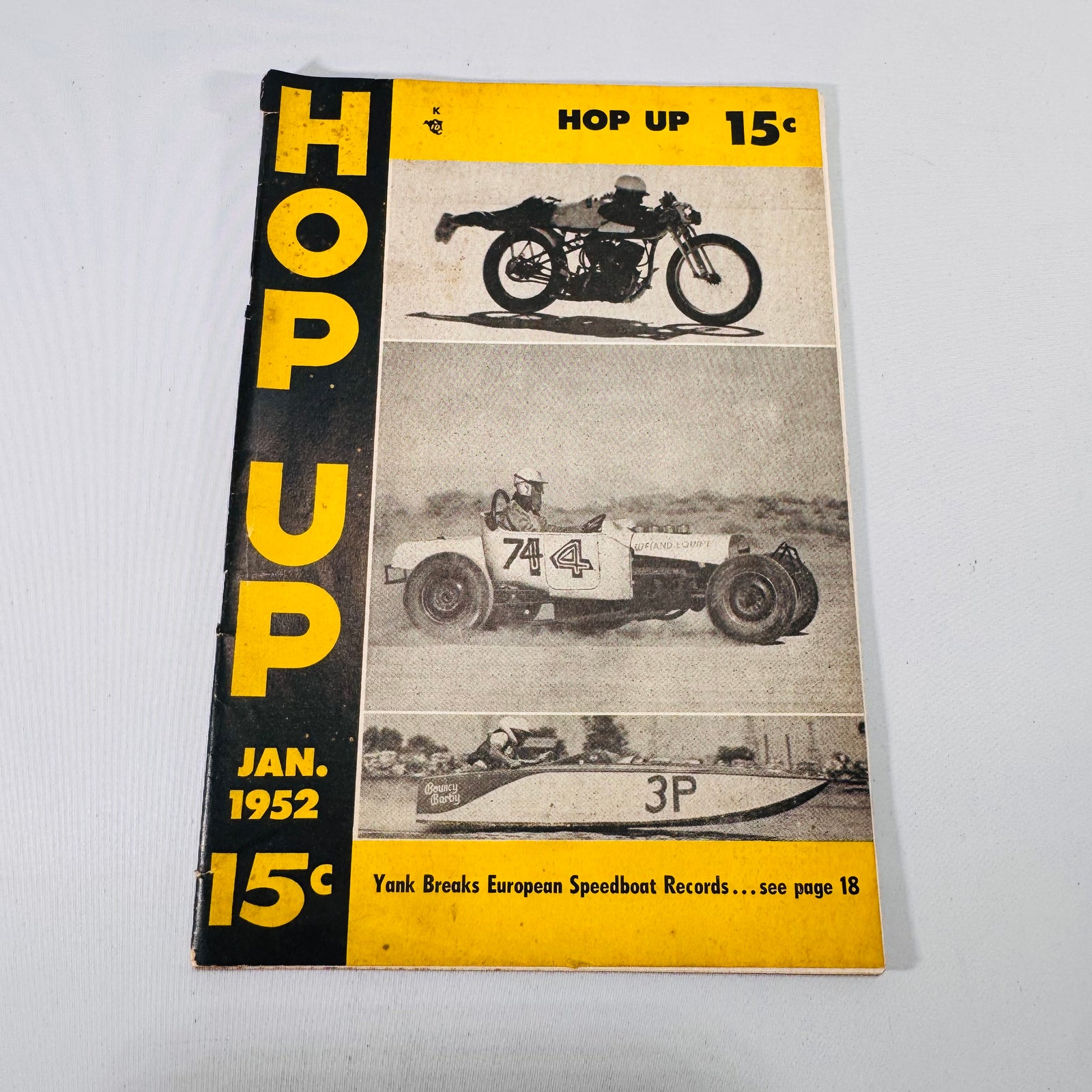 Hop Up magazine January 1952 front cover, motorcycle racer, 74 race car, and 3P speedboat