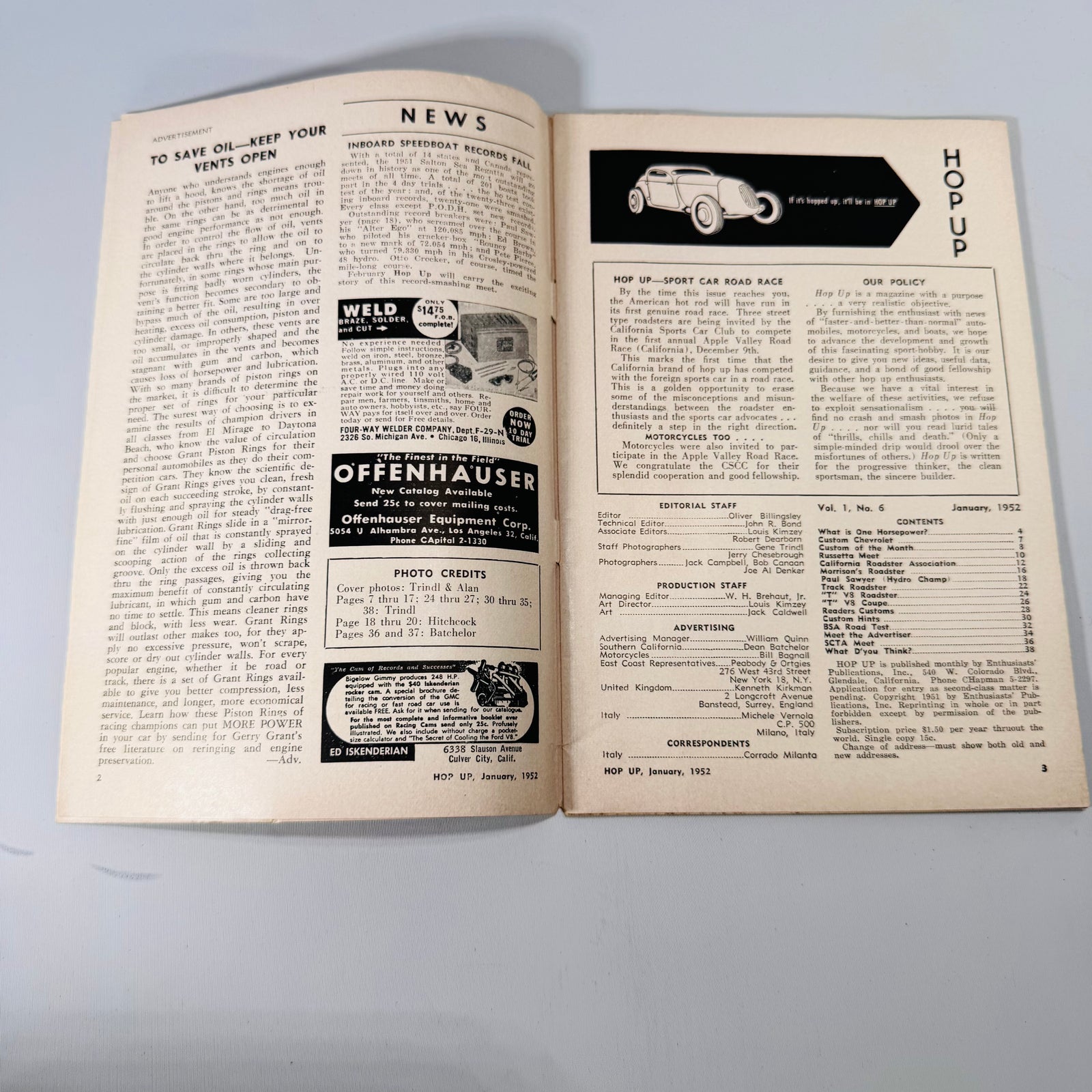 Hop Up January 1952 open to news page, Offenhauser ad, and contents with Vol. 1 No. 6