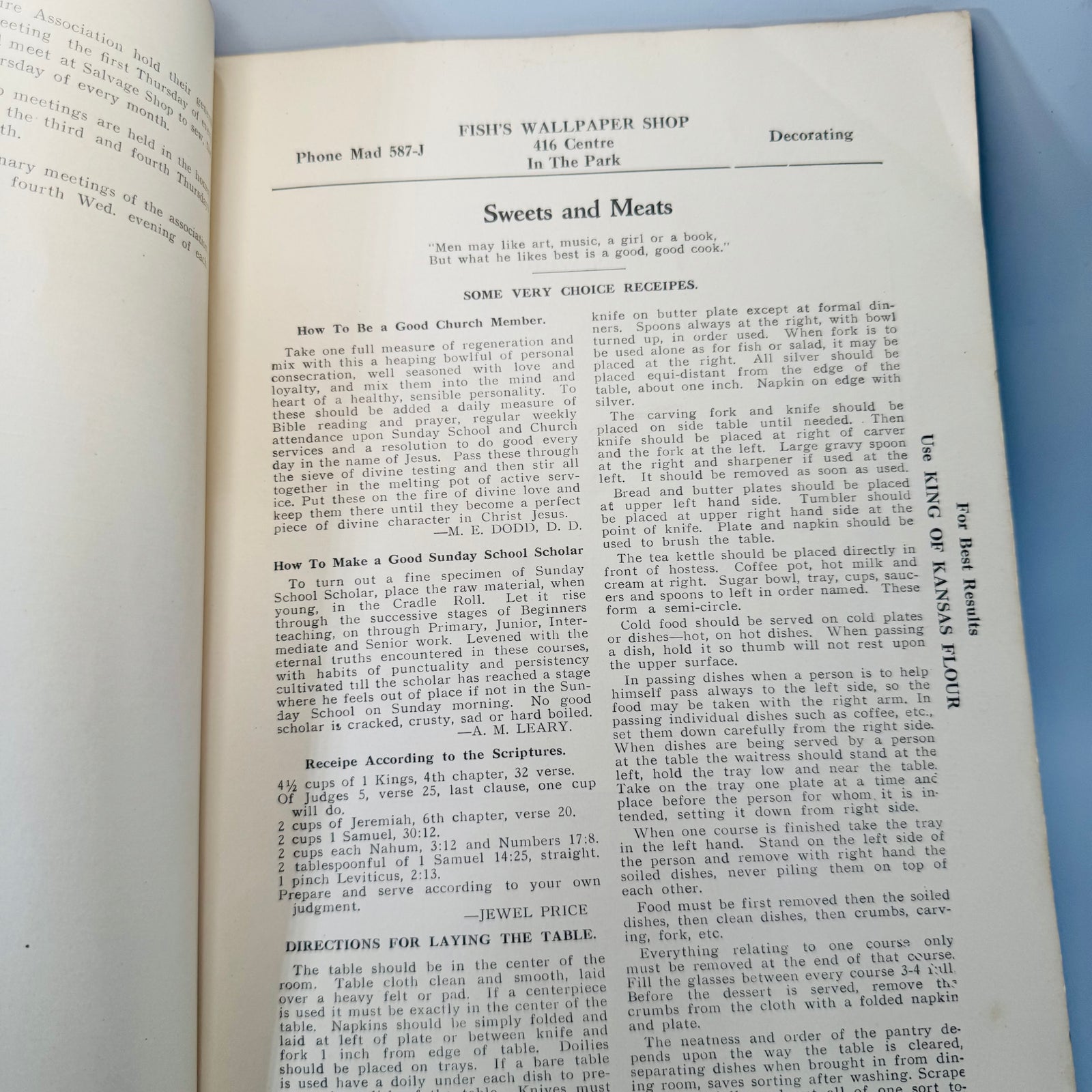 Vintage Church Community Cookbook — Sweets and Meats Directory (Bay City, Michigan) — Ladies Association, First Baptist Church | Local Ads + Recipes, Community Cookbook / Local History