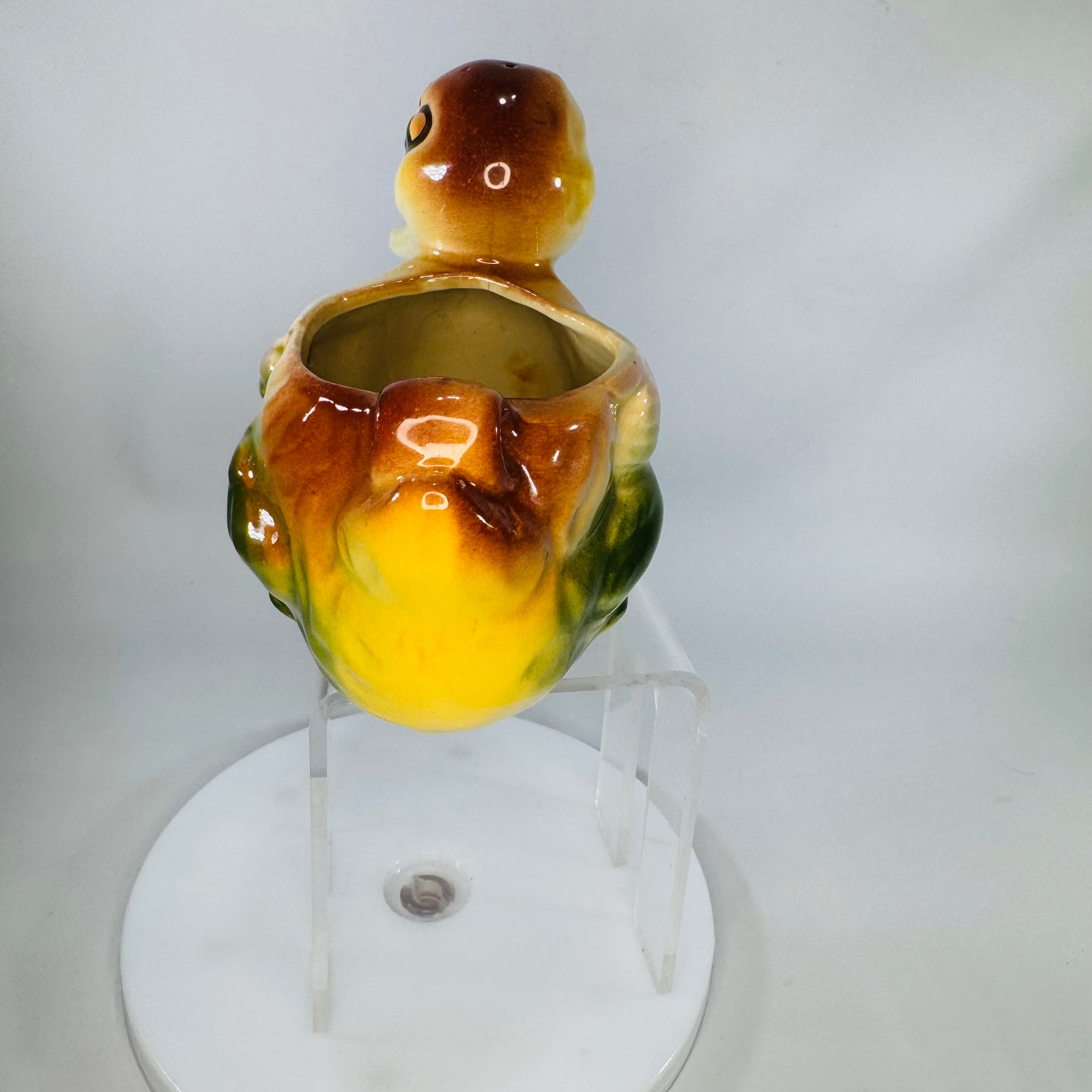 Vintage American Bisque Duck Planter 1940s–50s Big Eye Duckling, Hand-Painted Yellow Pink Green Ceramic, 6.5” Wide