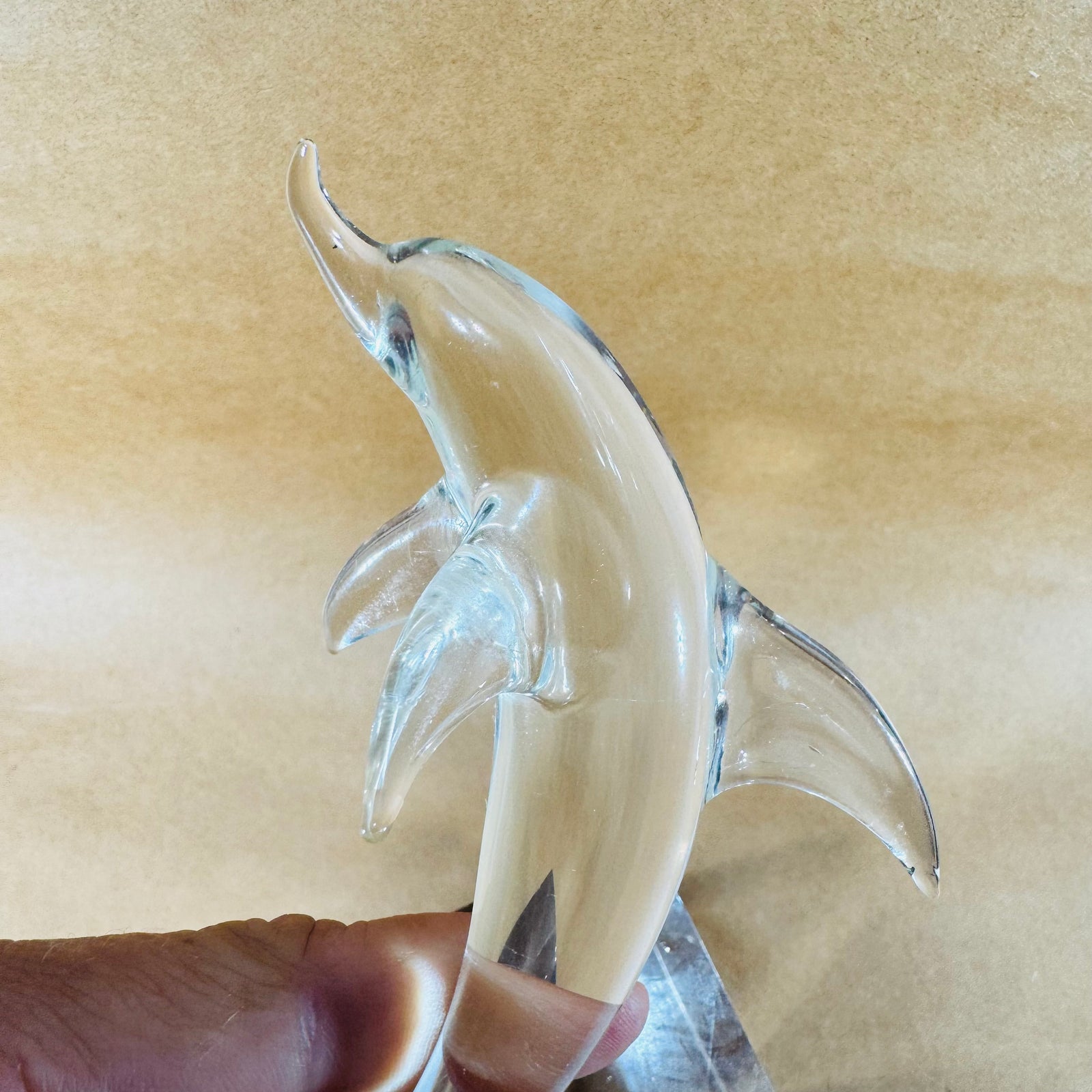 Clear Glass Leaping Dolphin Figurine 1970s Murano Style Art Glass Sculpture