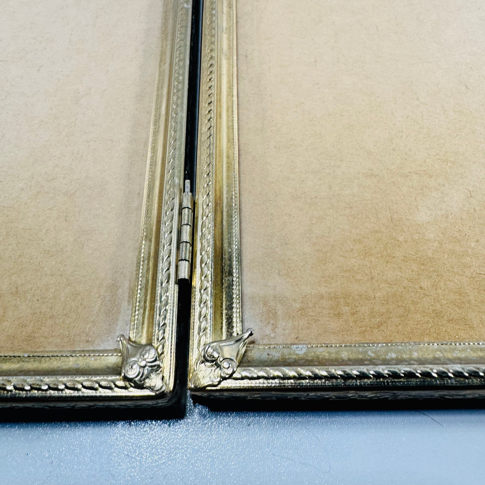 Gold Tone Metal Double Picture Frame 5x7 Mid Century Hinged Tabletop Frame