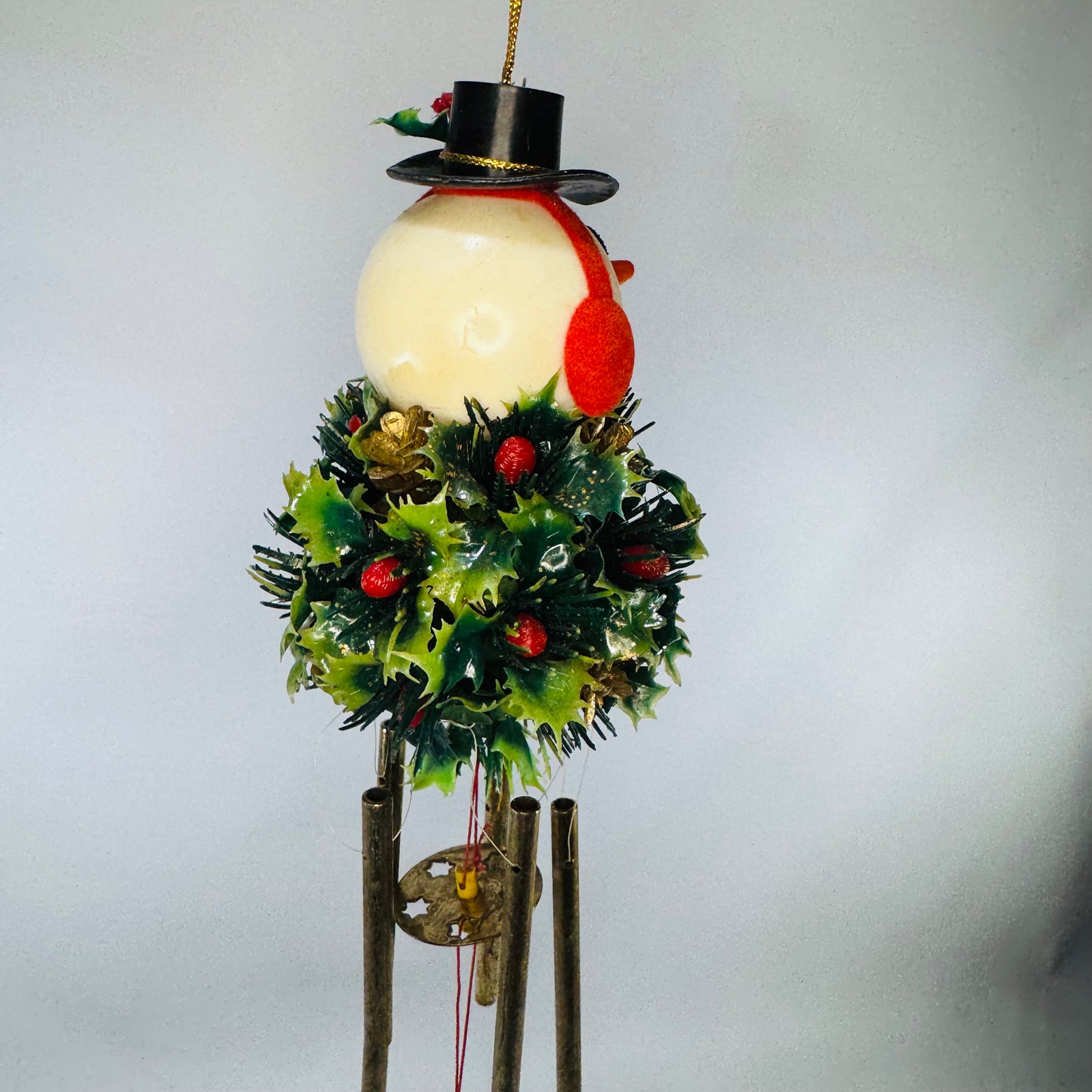Vintage Snowman Holly Ball Wind Chime | Kitsch Christmas Hanging Decor | Top Hat Earmuffs Pipe | Brass Tone Chimes | 19” Long