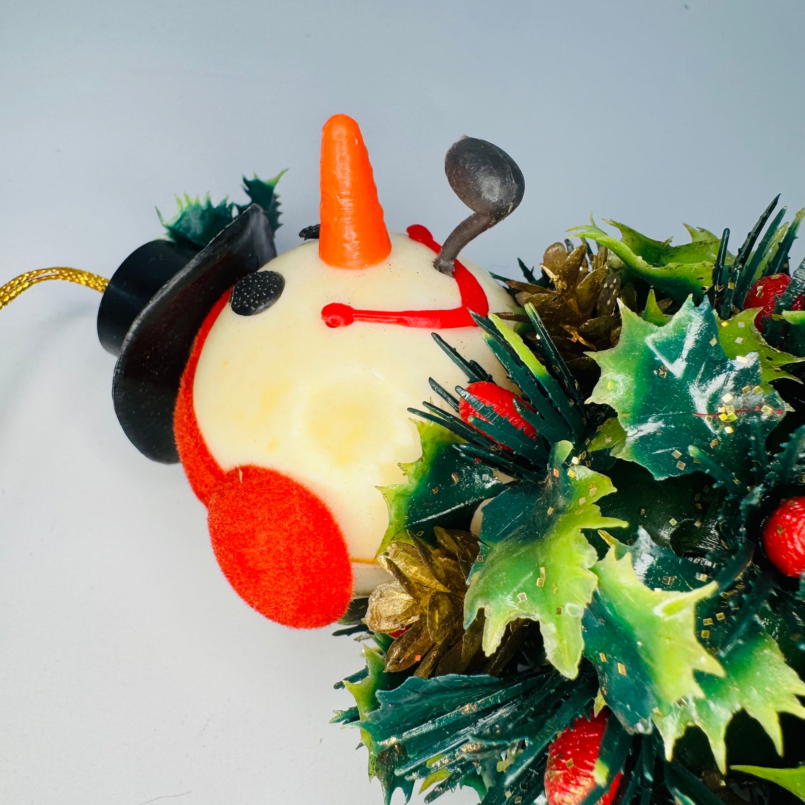 Vintage Snowman Holly Ball Wind Chime | Kitsch Christmas Hanging Decor | Top Hat Earmuffs Pipe | Brass Tone Chimes | 19” Long