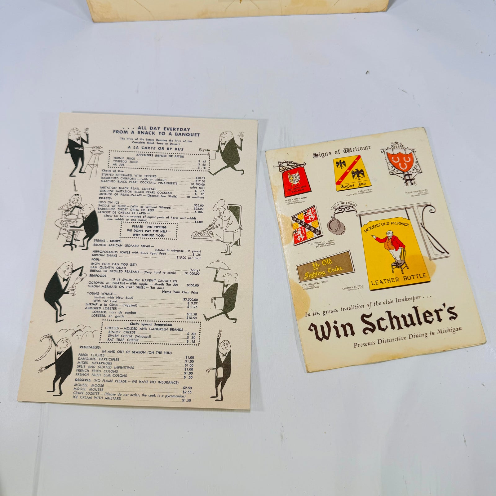 Vintage Win Schuler's Restaurant Main Menu Dessert & A La Carte 1962 Michigan
