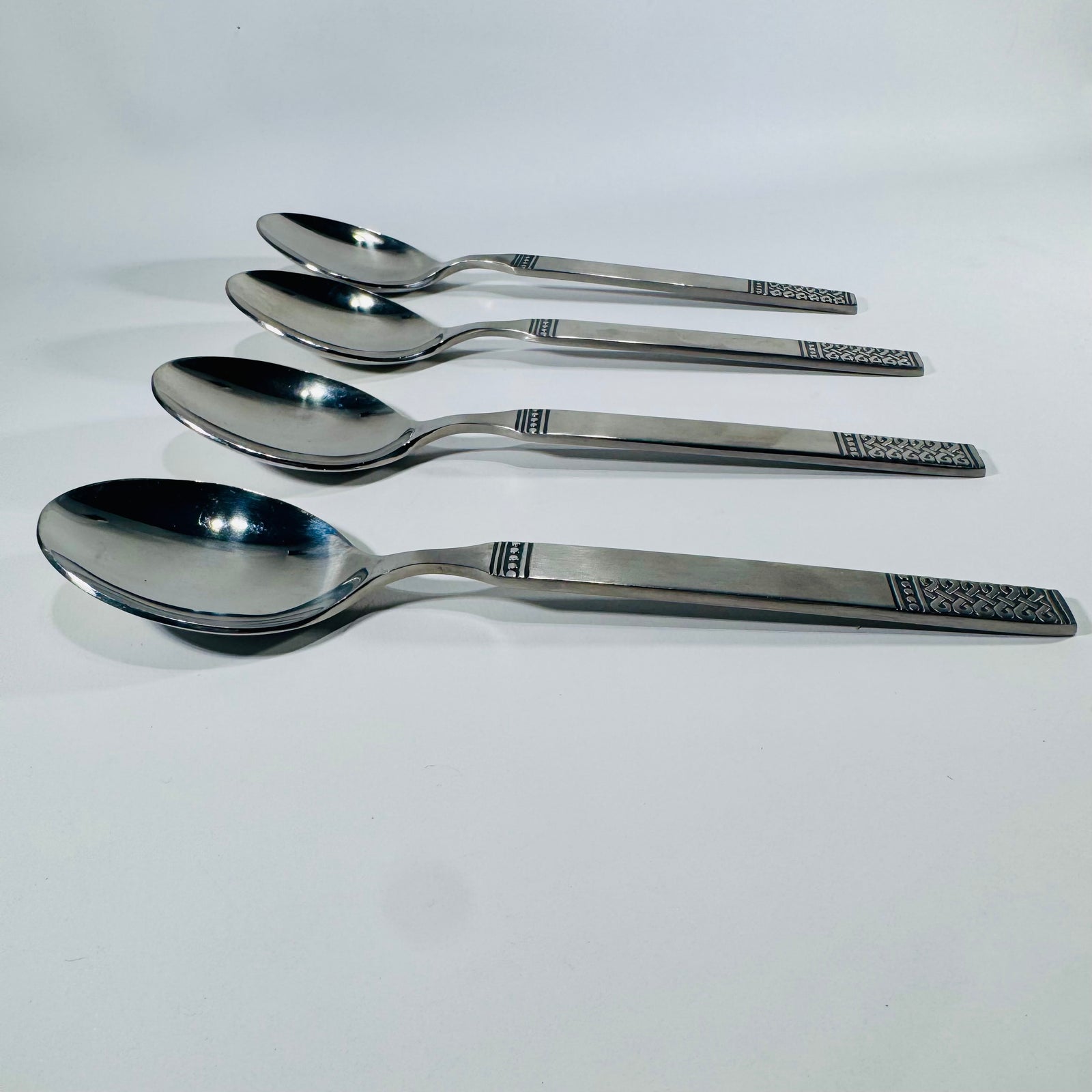 Danika Stainless Steel Oval Soup Spoons Bundle of 4, MSI Japan Flatware, Celtic Knot Handle, Vintage Discontinued Silverware