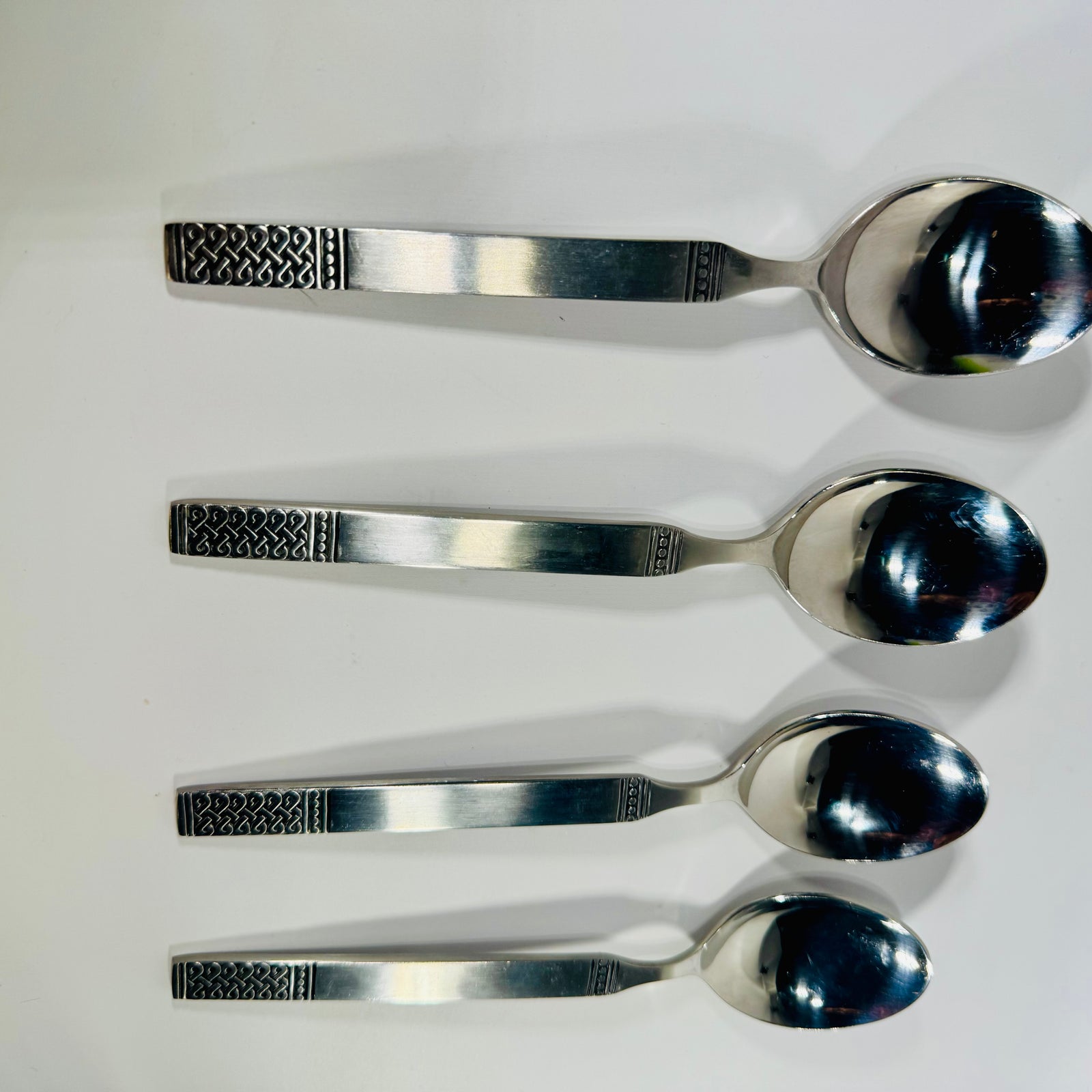 Danika Stainless Steel Oval Soup Spoons Bundle of 4, MSI Japan Flatware, Celtic Knot Handle, Vintage Discontinued Silverware