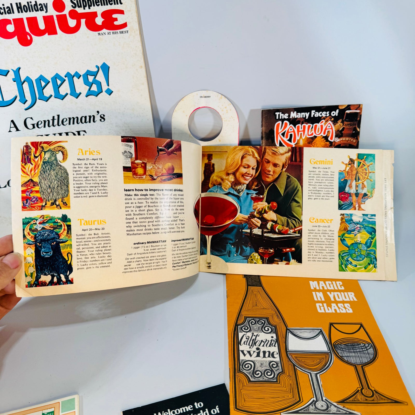 Vintage Cocktail Recipe Ephemera Bundle — Esquire Cheers! Supplement + Kahlúa, Galliano, Wine & Cordial Booklets (1966–1981) — Editors of Esquire and assorted makers | Retro bar paper lot, Cocktail & Wine Ephemera