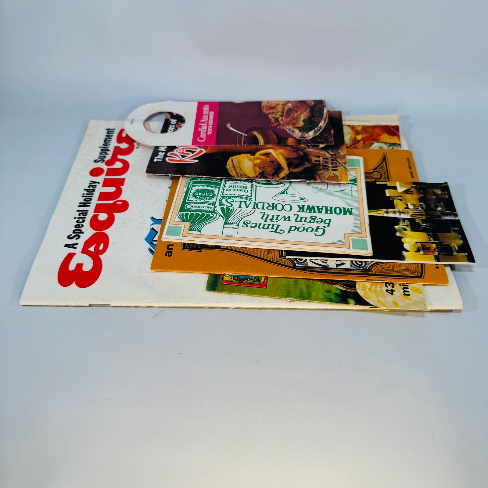 Vintage Cocktail Recipe Ephemera Bundle — Esquire Cheers! Supplement + Kahlúa, Galliano, Wine & Cordial Booklets (1966–1981) — Editors of Esquire and assorted makers | Retro bar paper lot, Cocktail & Wine Ephemera