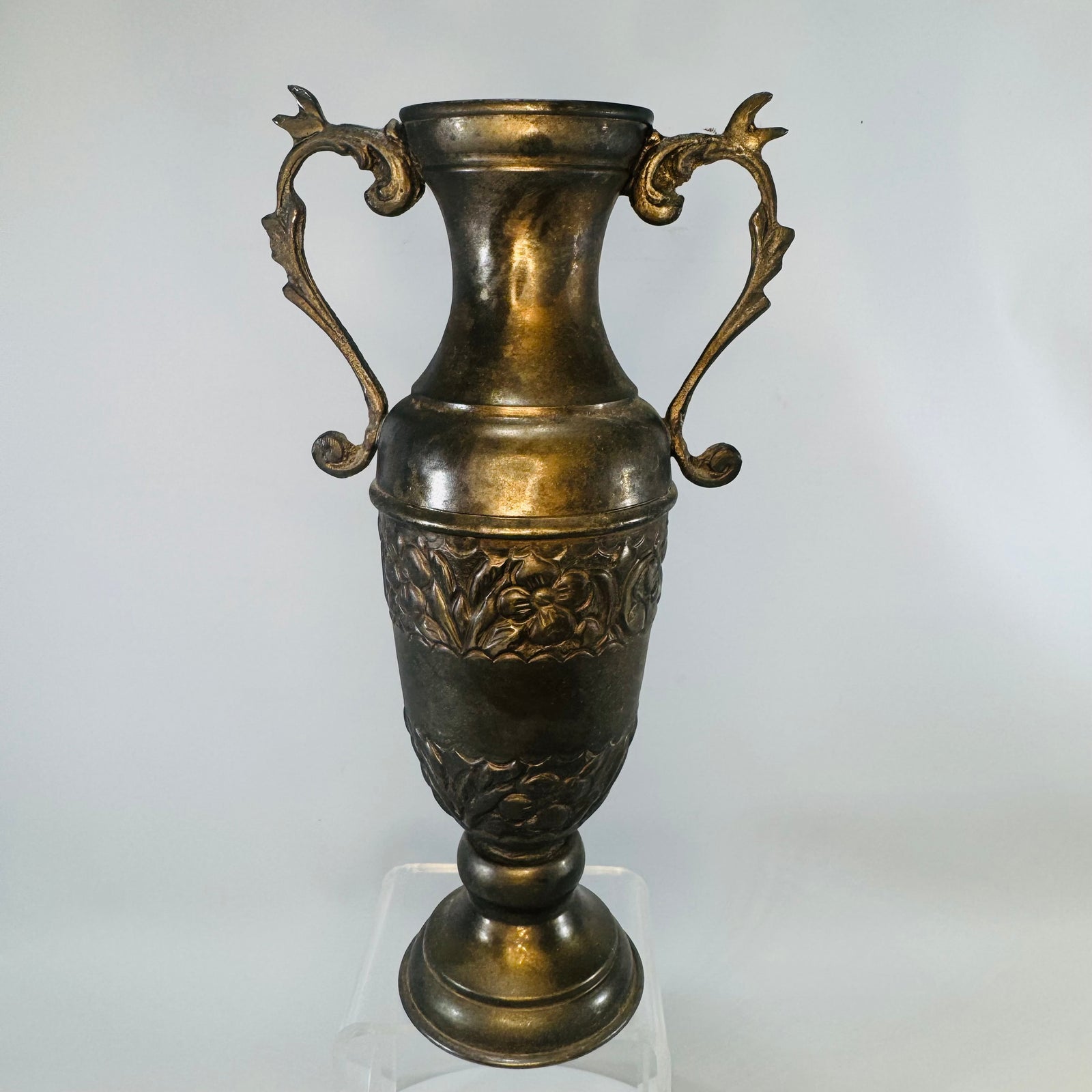 Vintage Brass Urn-Shaped Vase Floral Repoussé Double Handles Aged Patina Victorian Revival