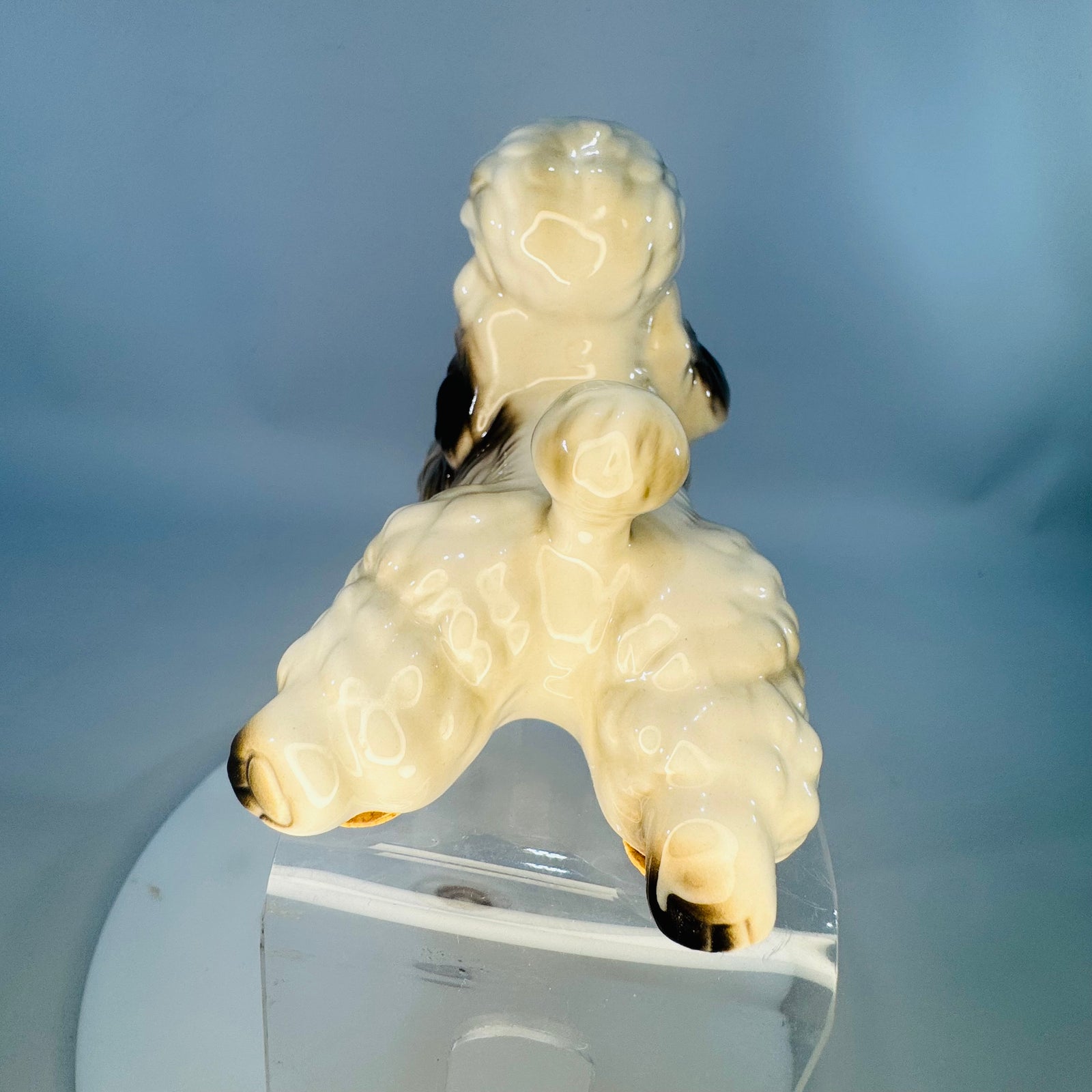 Vintage Lefton Poodle Ceramic Dog Figurine White Curly Coat Black Accents Korea 04714 4x3x2 Mid Century Decor