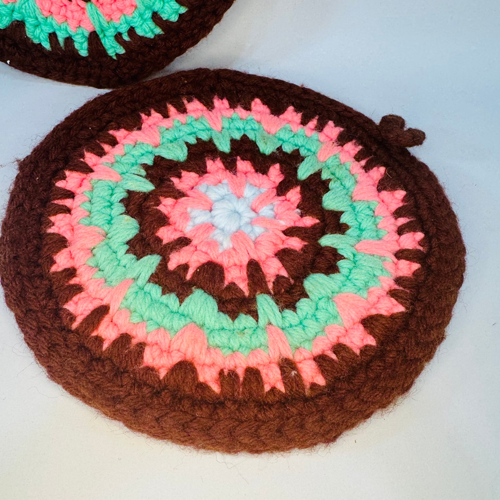 Vintage Crochet Mandala Potholders Set of 2, Round Brown Pink Green Hot Pads, Handmade Retro Trivets, 7 Inch Boho Kitchen Decor