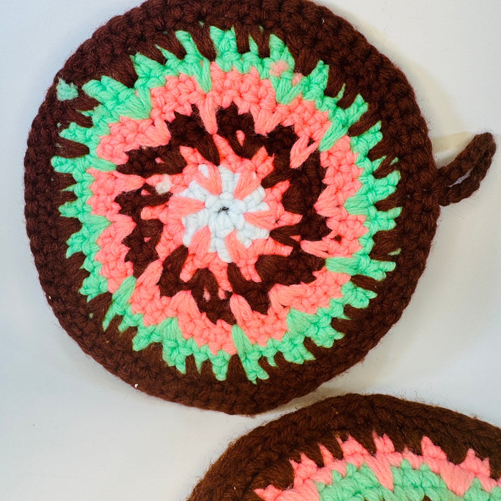 Vintage Crochet Mandala Potholders Set of 2, Round Brown Pink Green Hot Pads, Handmade Retro Trivets, 7 Inch Boho Kitchen Decor