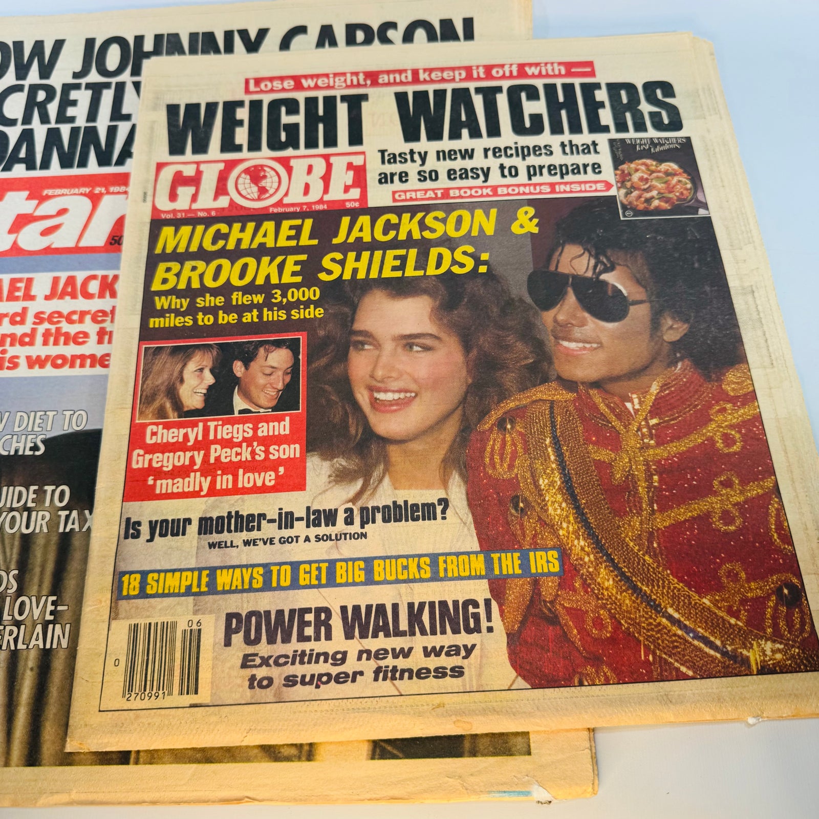 Vintage Michael Jackson Tabloid Pair — Globe Feb. 7, 1984 & Star Feb. 21, 1984 — Brooke Shields Cover Stories, Pop Culture / Celebrity Tabloid