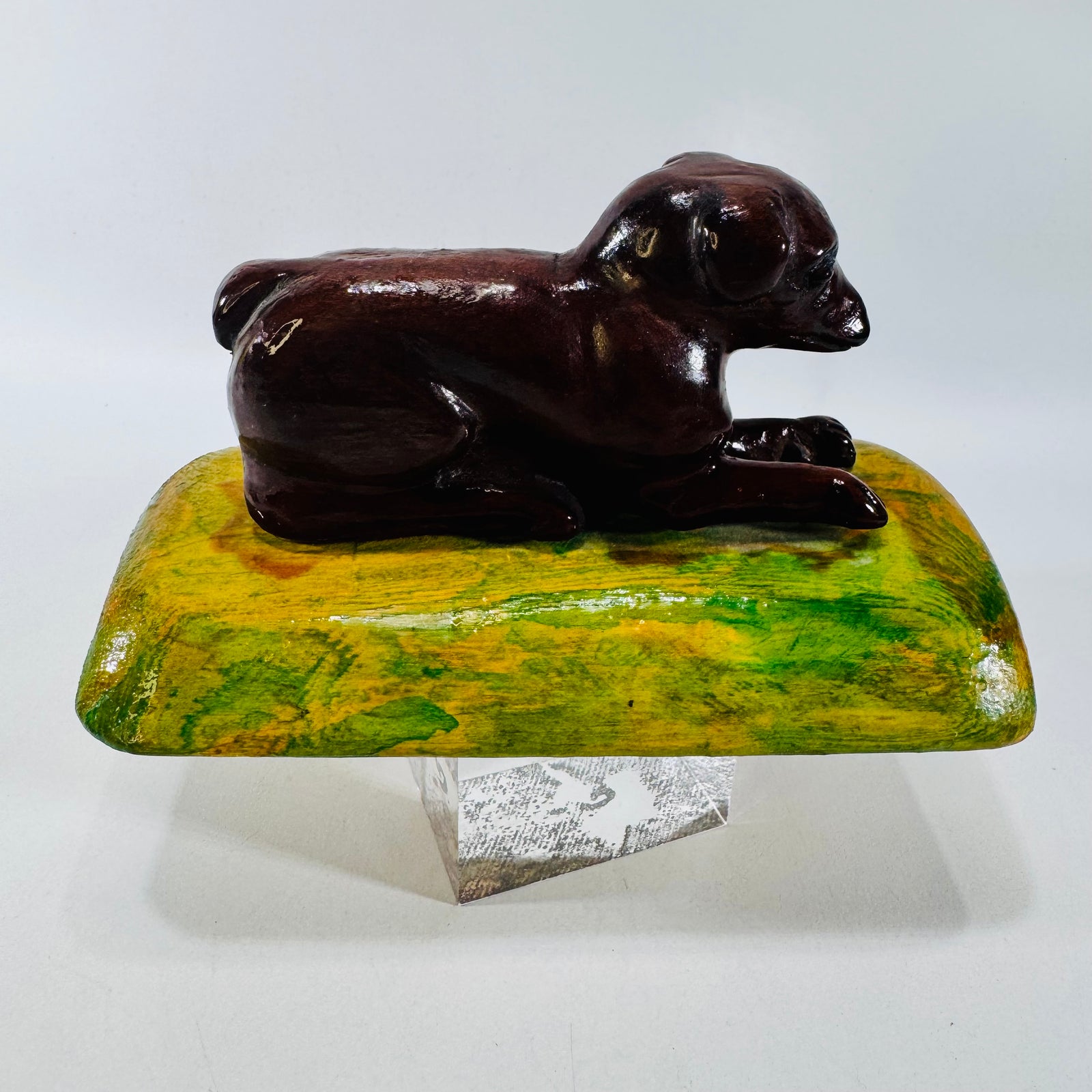 G.S. Signed Folk Art Wooden Dog Sculpture 1964 Painted Wood