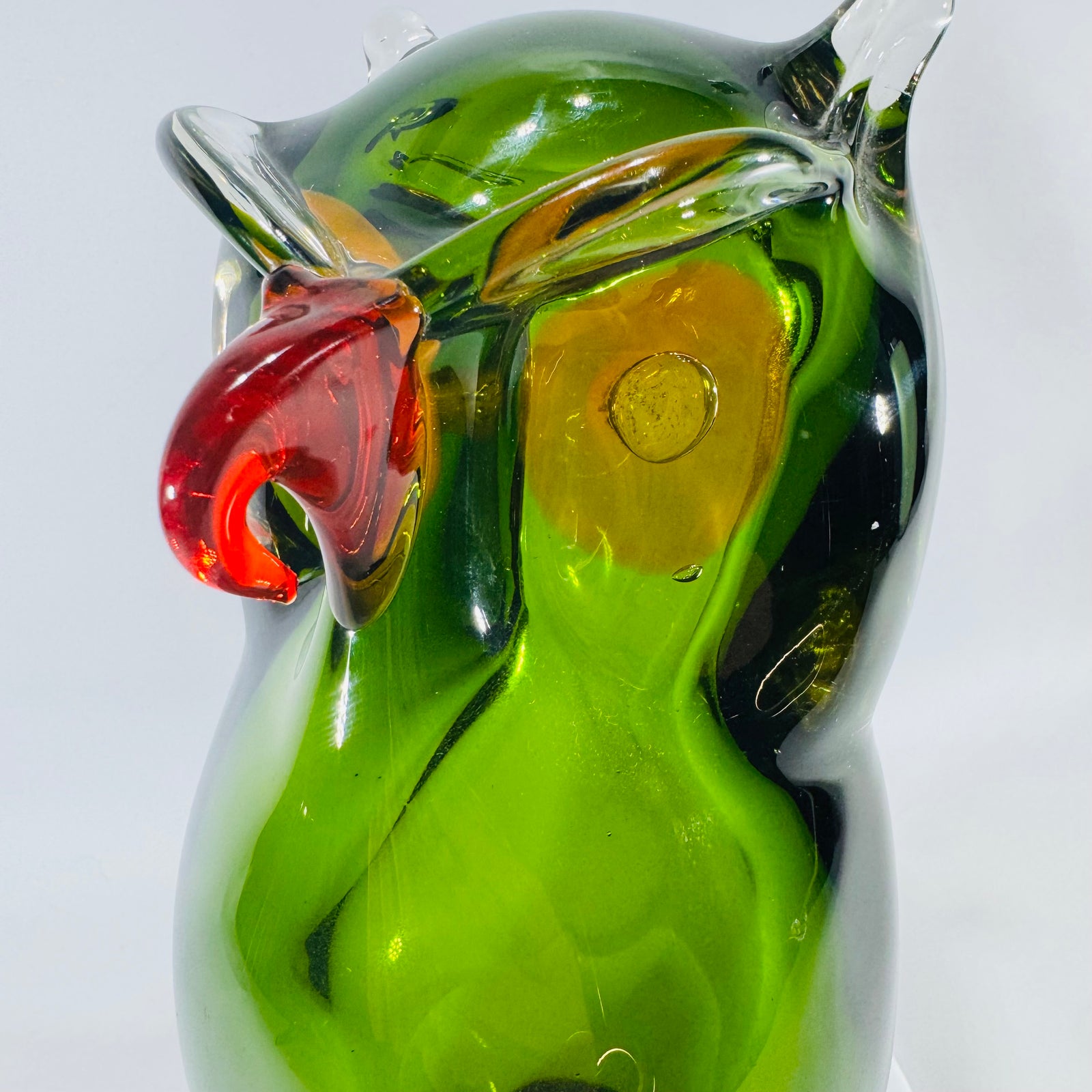 Vintage Murano Style Art Glass Owl, Handblown Green Owl Figurine, Mid Century Italian Glass, Bookshelf Library Decor