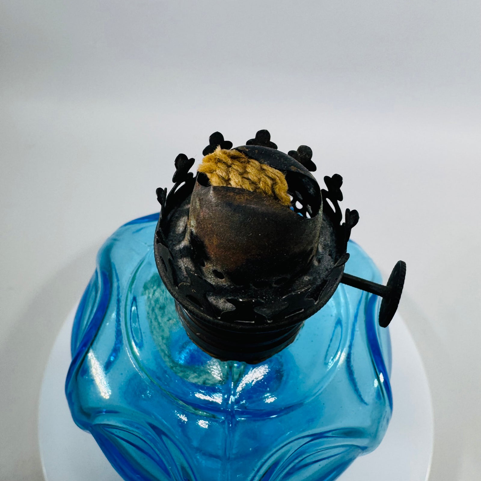 Antique Blue Miniature Kerosene Lamp w Chimney, Daisy Bullseye Glass Oil Lamp, Small Night Light,