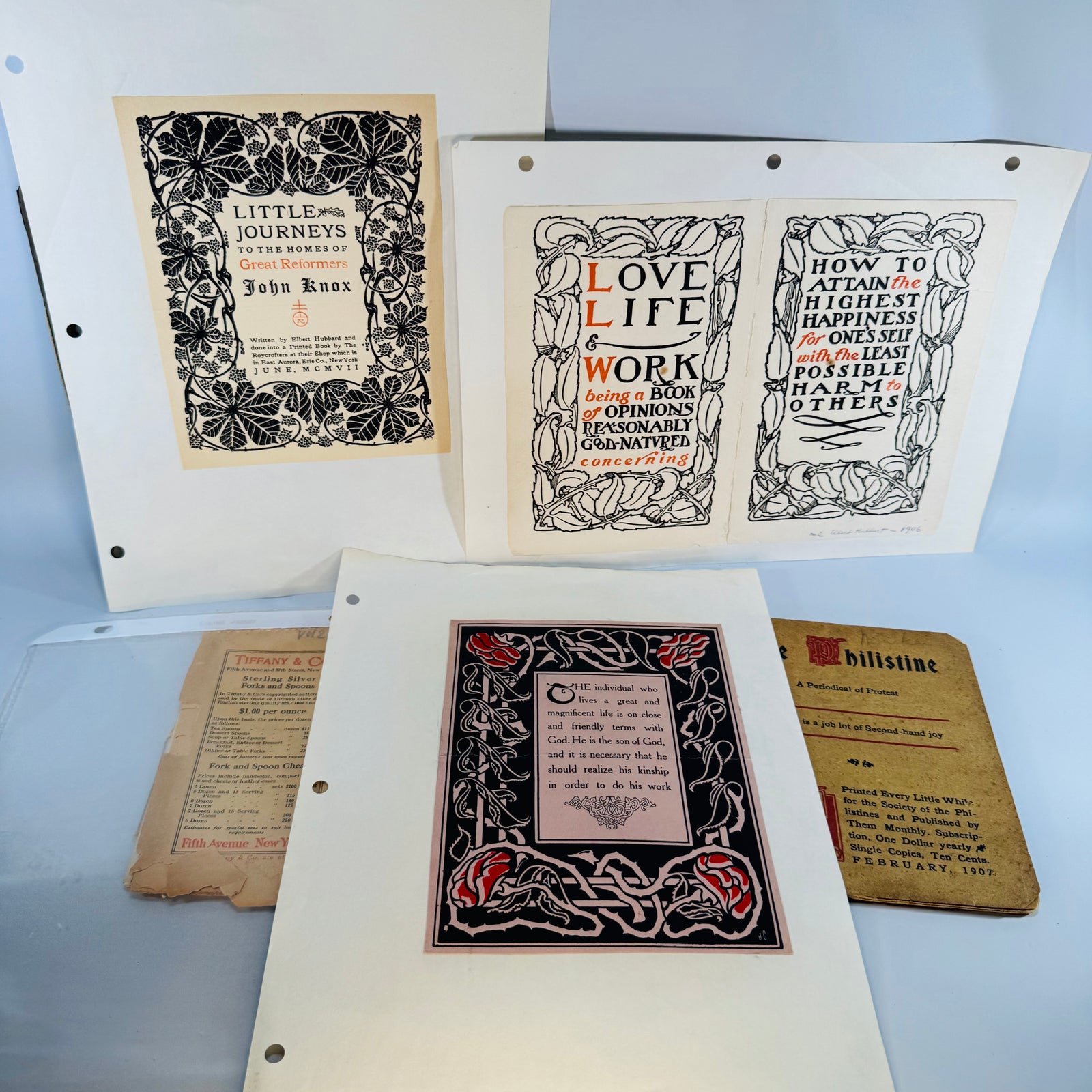 1907 Roycroft Arts & Crafts + Tiffany Ephemera Lot — Roycroft Shop Booklets, The Philistine & Decorative Prints (1906–1907) — Elbert Hubbard | Arts and Crafts Paper Lot, Arts & Crafts Ephemera