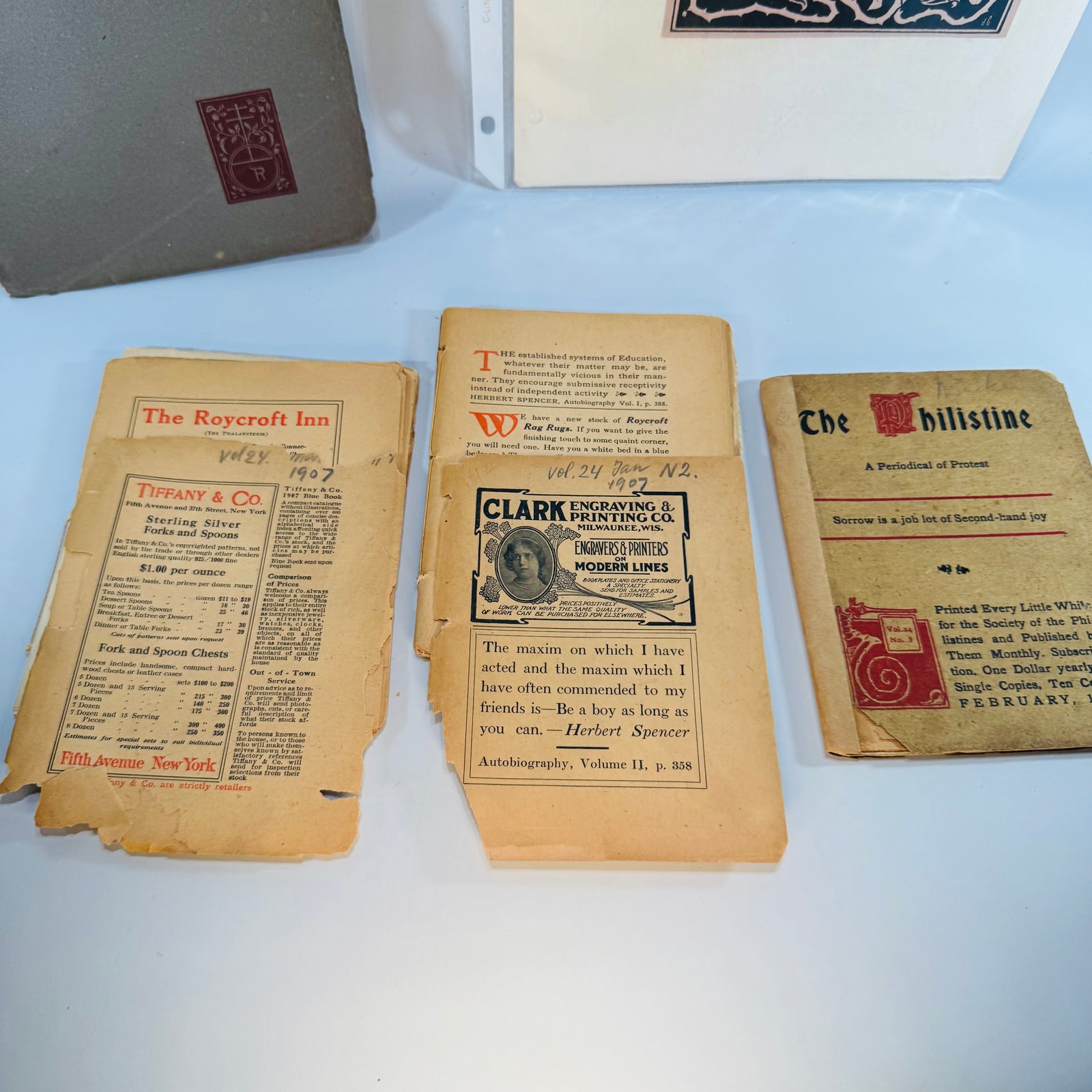 1907 Roycroft Arts & Crafts + Tiffany Ephemera Lot — Roycroft Shop Booklets, The Philistine & Decorative Prints (1906–1907) — Elbert Hubbard | Arts and Crafts Paper Lot, Arts & Crafts Ephemera